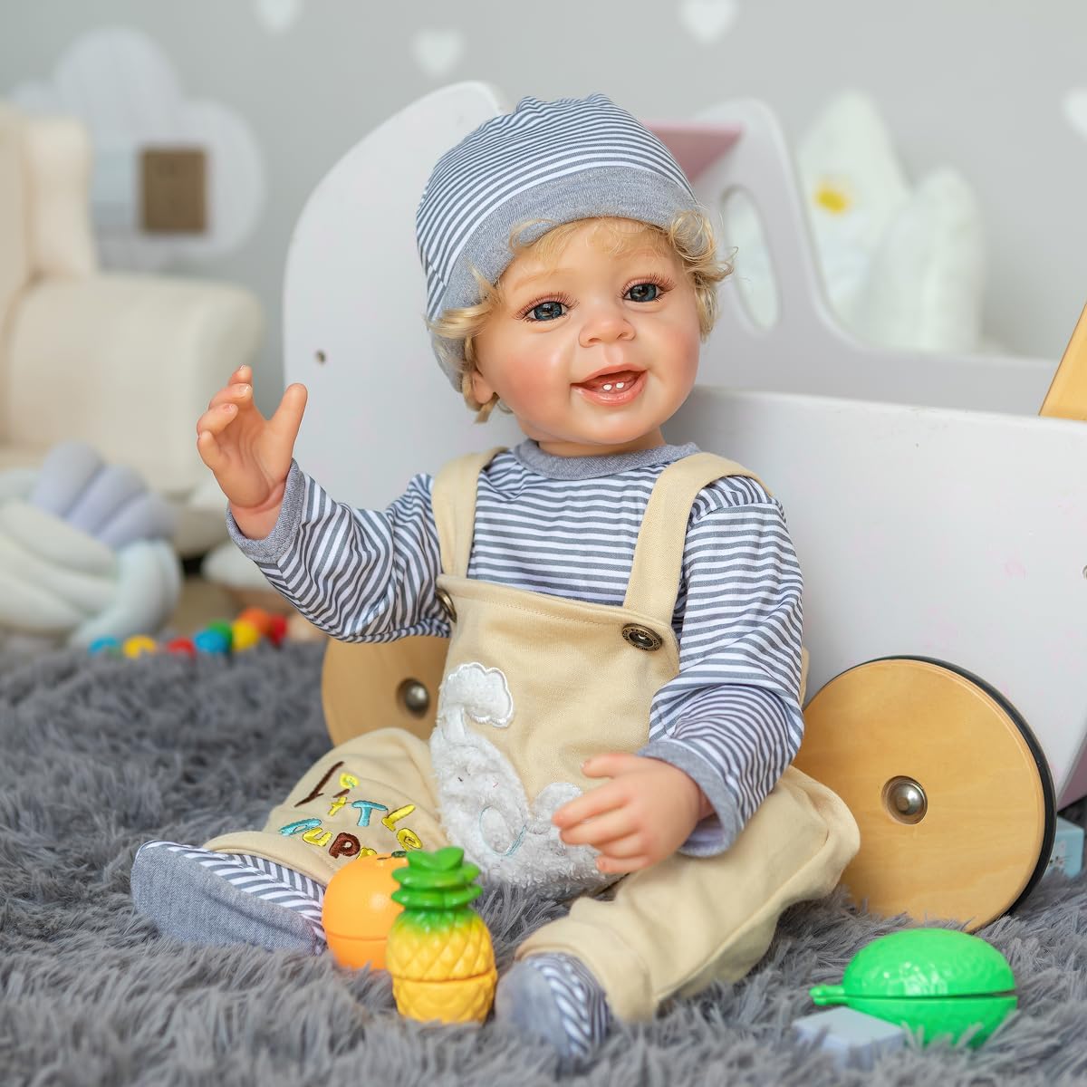 TERABITHIA 22" Rooted Blonde Curly Hair Lifelike Reborn Doll Silicone Vinyl Full Body Anatomically Correct Newborn Toddler Doll with Realistic Smile Boy Doll with Realistic Looking Teeth