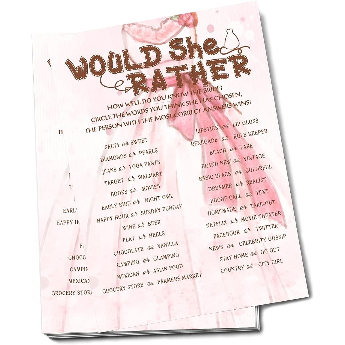 Bridal Shower Game Cards Engagement/Wedding Gifts Pink Wedding Theme | Would She Rather—30 Cards