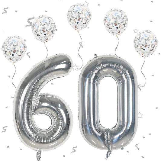 60 Number Balloons Silver 40 Inch Large Number 60 Birthday Balloons with Silver Confetti Balloons Number Helium Mylar Number Balloons for Men Women Birthday Party Anniversary Decorations (60 Balloons)