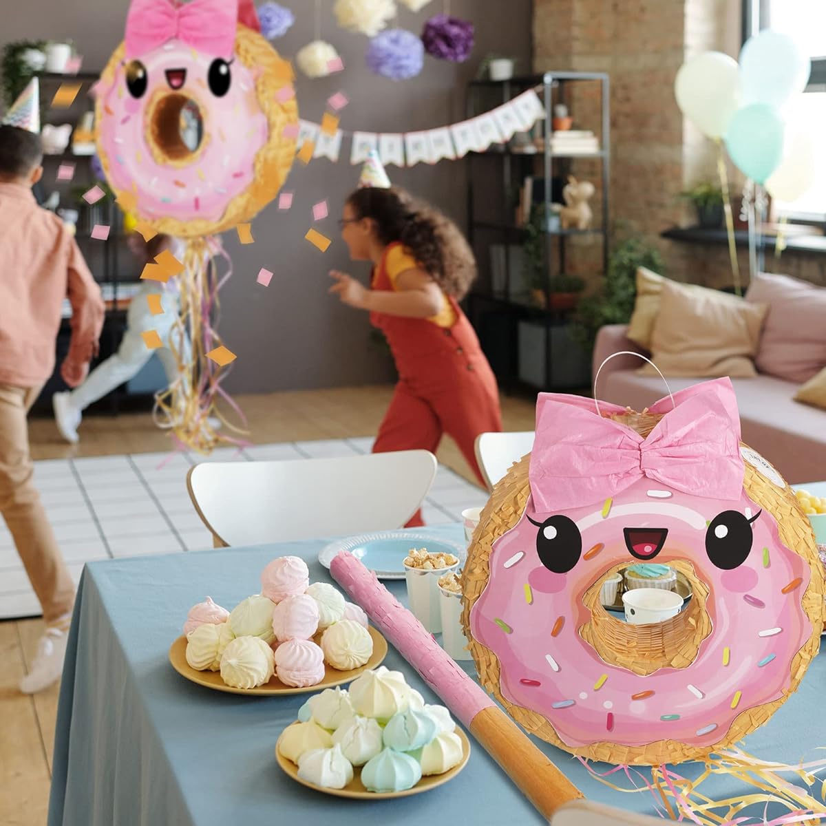 Pink and Khaki Donut Pinata with Pinata Sticks, Blindfold, Confetti and Bows, Pinata for Birthday, Anniversary, Donut Theme, Celebration, Donut Party Decorations, Fiesta Supplies, 15 x 13 Inch
