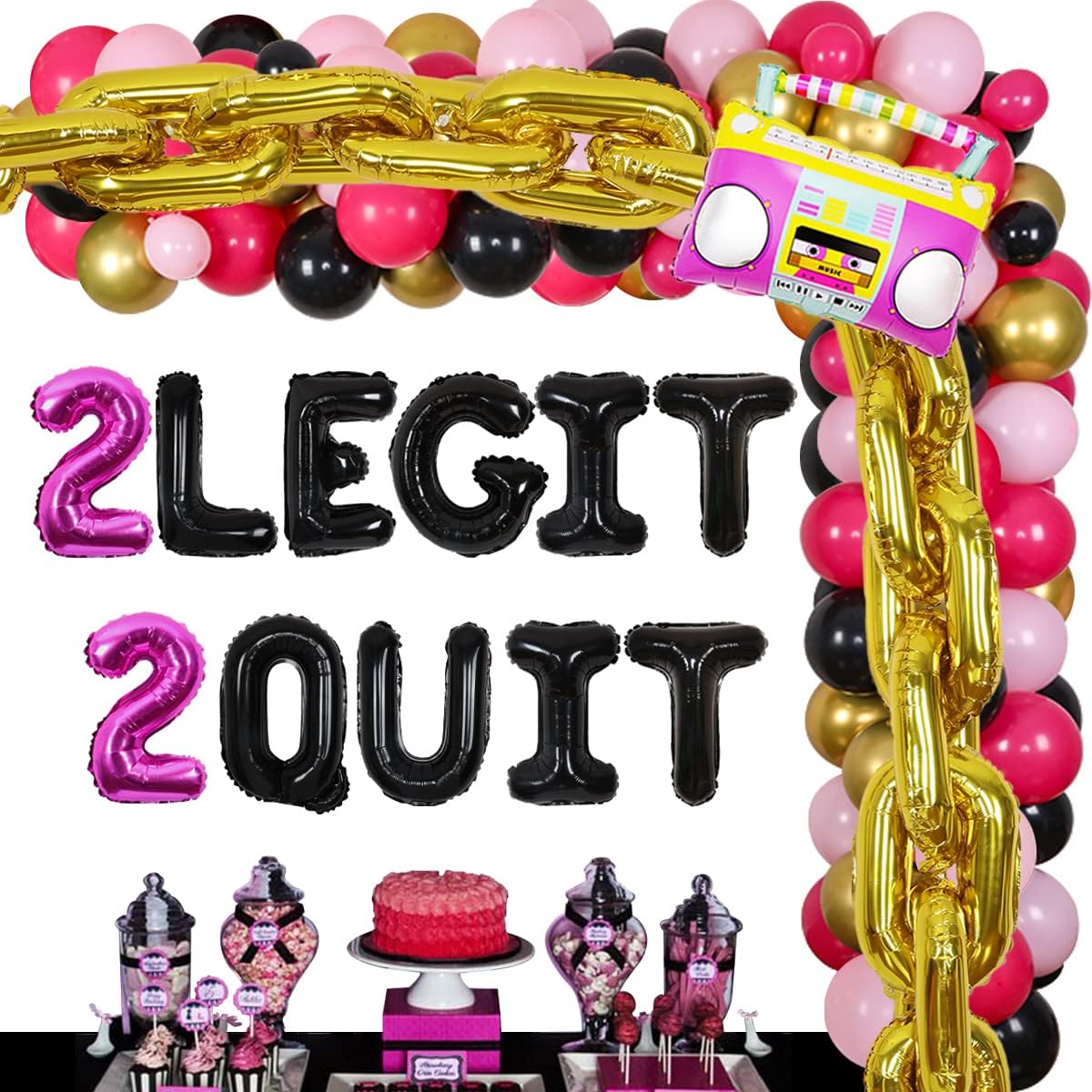 2 Legit to Quit Party Decorations for Girls - Gold Foil Chain Balloon Kit, 2 Legit 2 Quit Balloon Boombox Balloons 80s 90s Hip Hop Theme Birthday Party Supplies for 2nd Birthday