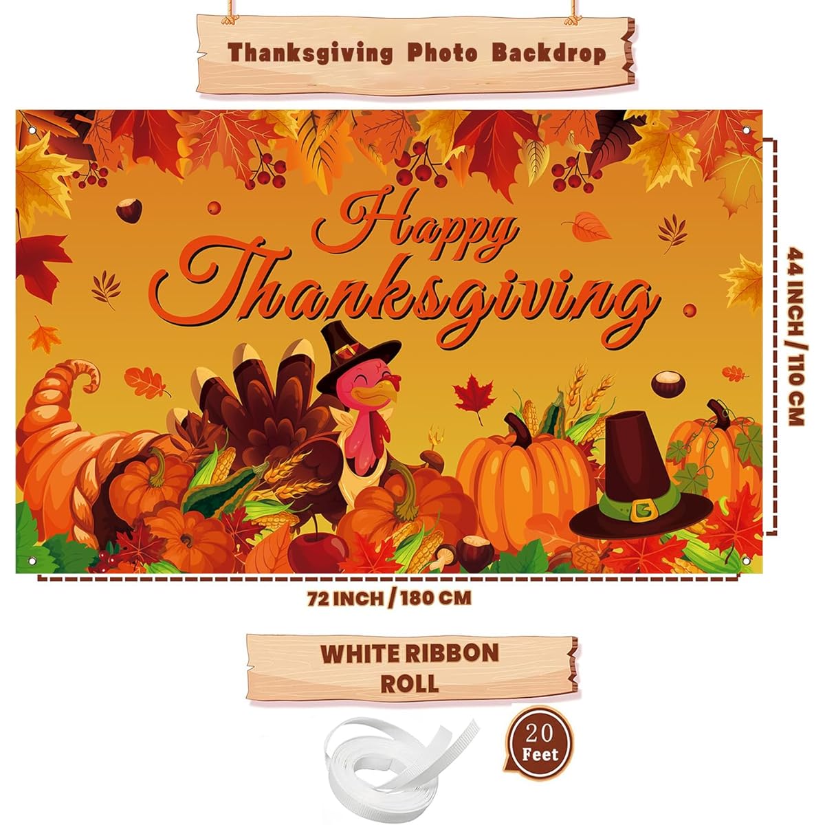 Thanksgiving Photo Backdrop, Fall Maple Leaves Turkey Pumpkin Theme Thanksgiving Banner for Thanksgiving Party Decorations 6x4ft