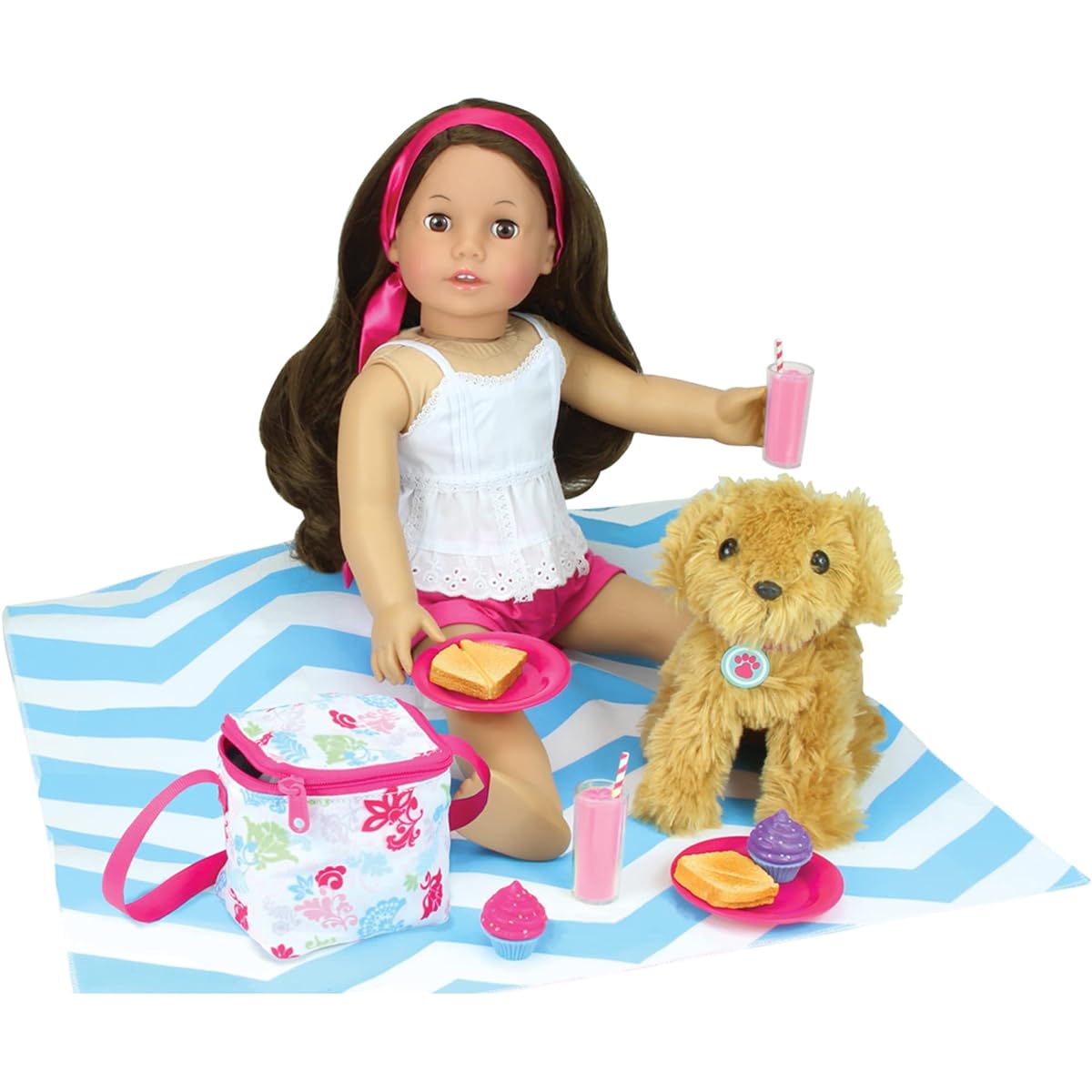 Sophia's Doll Food Picnic Playset of 12 Pieces, Thermal Cooler, Matching Picnic Blanket, 2 Pink Lemonade Glasses, 2 Plates, 2 Napkins, 2 Ham Sandwiches & 2 Cupcakes Perfect for 46cm American Dolls