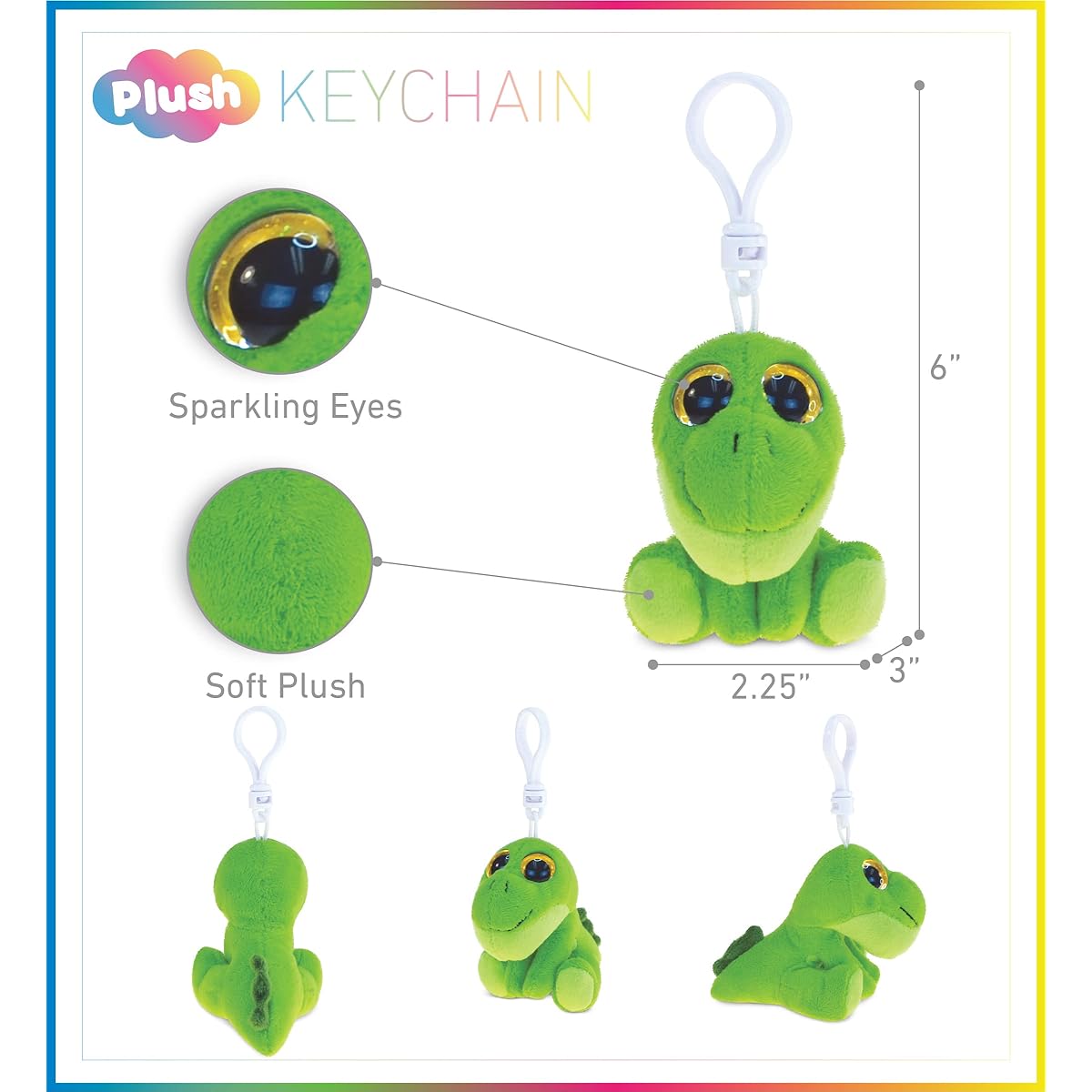 Puzzled Green Dino Soft Stuffed Plush Big-Eye Backpack Clip - Dinosaur/Prehistoric Theme - 6 Inch - Unique Gift, Useful Souvenir - Item # 5860