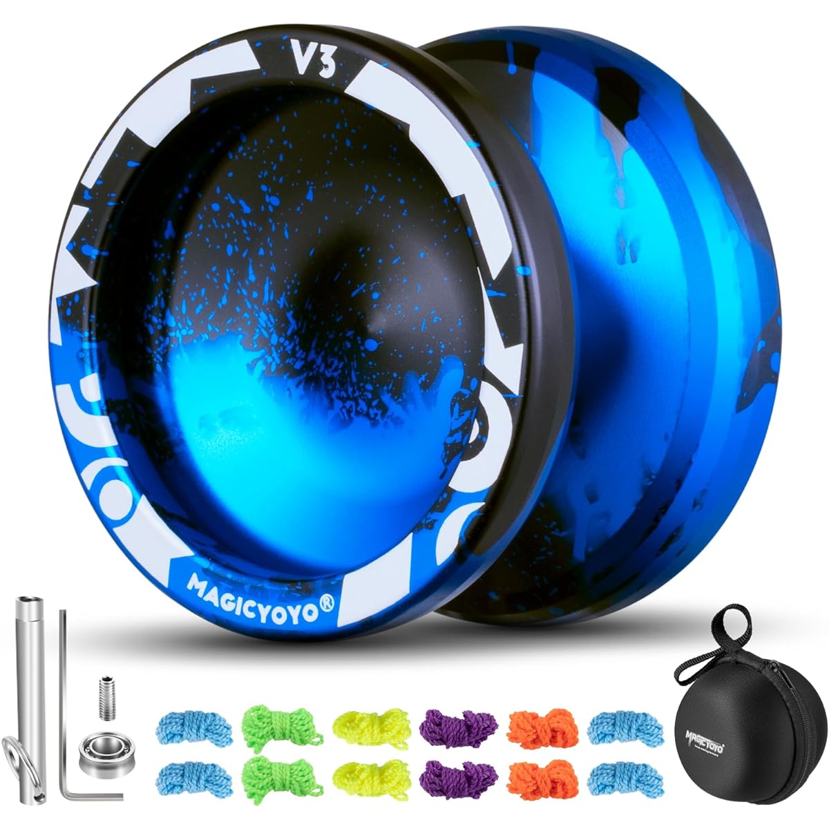 MAGICYOYO V3 Responsive Yoyo for Kids, Beginners, Professional Yoyo for Adults, Dual-Purpose Metal Yoyo with Replacement Bearings + 12 Yoyo Strings, Bearing Removal, Axle, Yoyo Case (Black Blue)