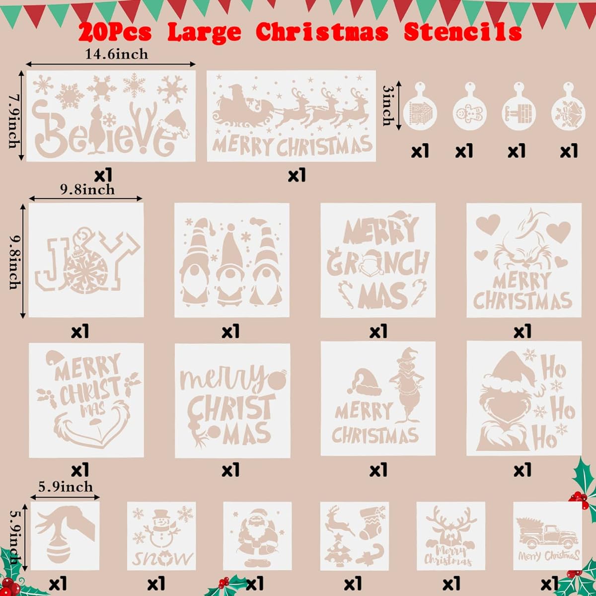 C1krint 20pcs Large Christmas Stencils, Reusable Wood Painting Stencils, Make Your Own Merry Christmas Believe Gnome Snow Wood Signs, Large Holiday Stencils for Wood Signs, Windows, Art DIY Crafts