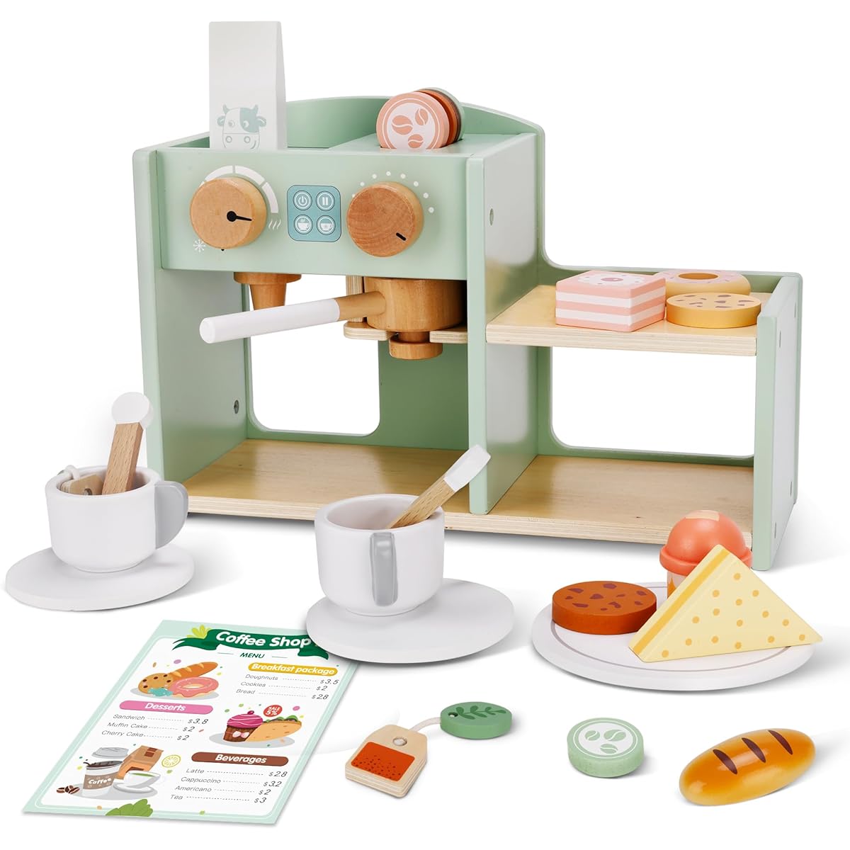 bpmfkid 2-in-1 Wooden Coffee Sales Desk Playset Coffee Maker Set with 24 Pans, Desserts, Coffee Maker Store, Stand, Toddler Play, Wooden Food Toy Accessories, Kitchen Food Set for Toddlers Ages 3+