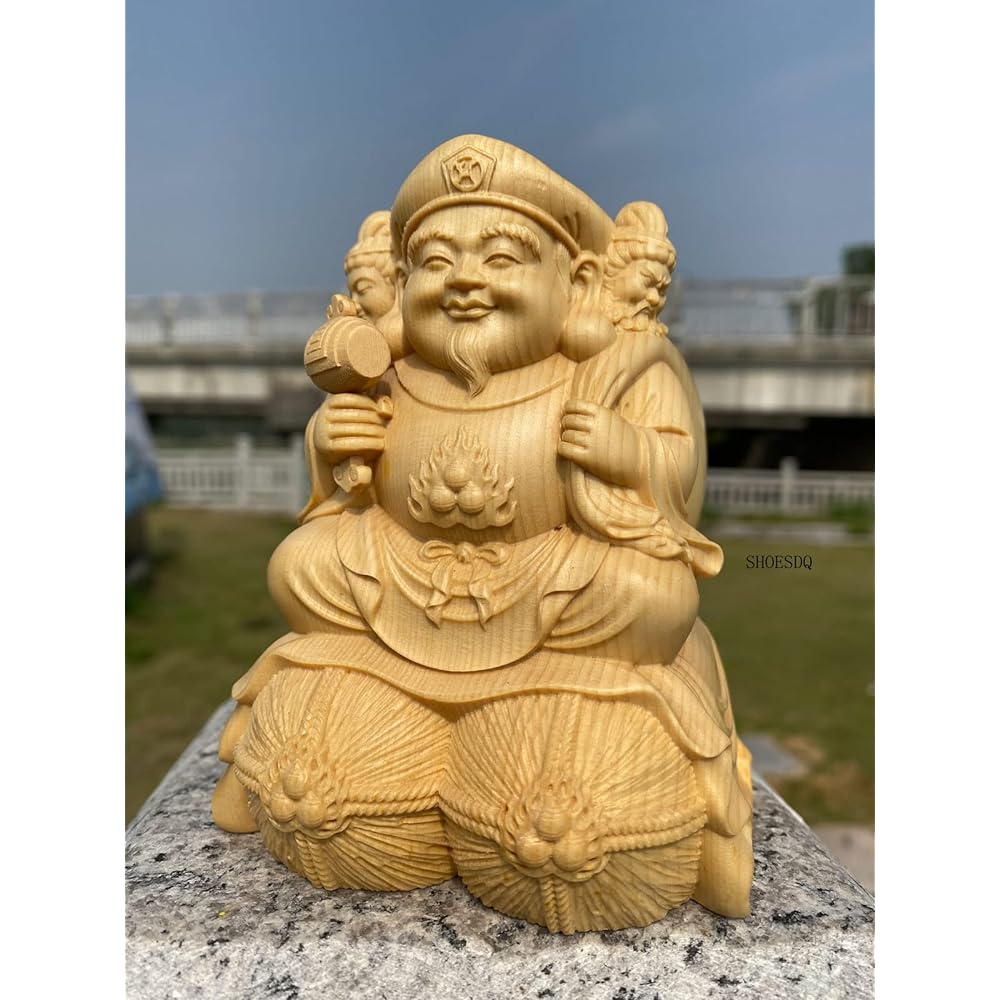 Wood carving Buddha statue, Three-faced Daikokuten, 15cm, high-quality wood carving made of cypress wood, Buddha statue, figure, Seven Lucky Gods, ornament, guardian deity of success in life, success in business, prosperity in business, warding off evil
