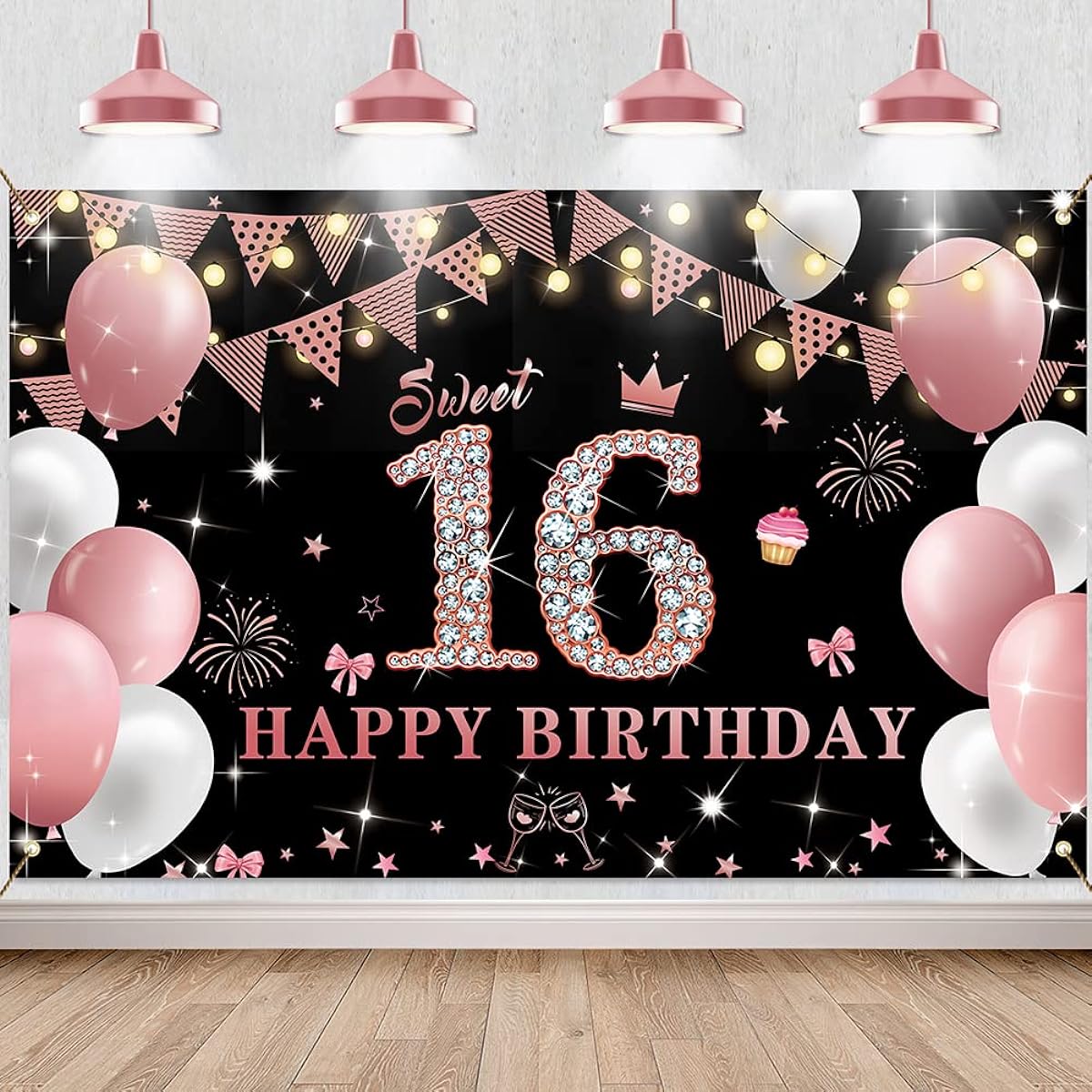 Sweet 16 Birthday Banner, Happy 16th Birthday Banner, Rose Gold Sweet 16 Birthday Decorations for Girls, Sweet 16 Photo Booth Backdrop Background, Sweet 16 Decorations, 16th Birthday Party Supplies