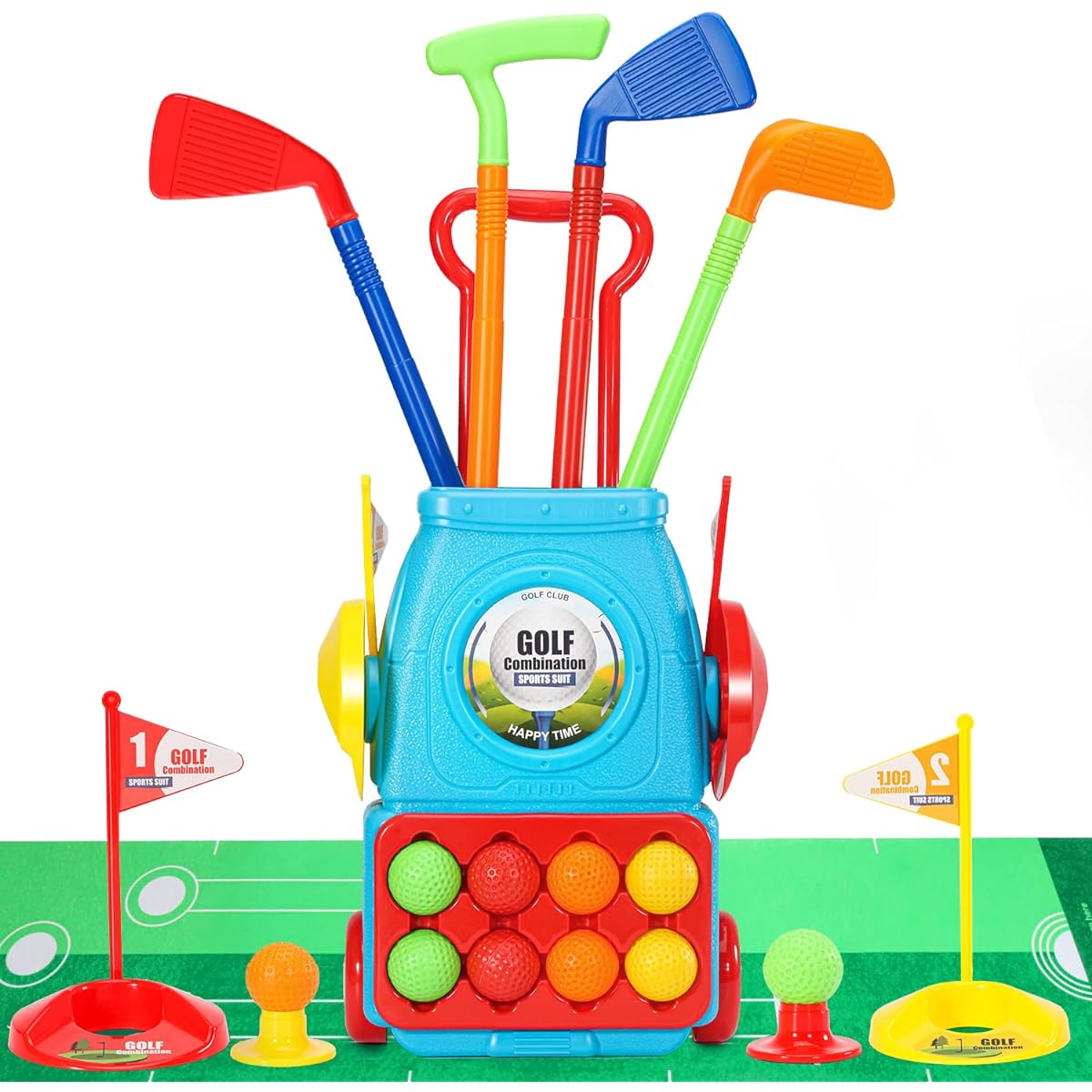 BELLOCHIDDO Kids Golf Set - Toddler Golf Clubs, 8 Balls, 4 Golf Sticks, 2 Practice Holes and Putting Mat, Ball Game Playset, Indoor & Outdoor Sports Toys, Gift for 3 4 5 6 Year Old Boys and Girls