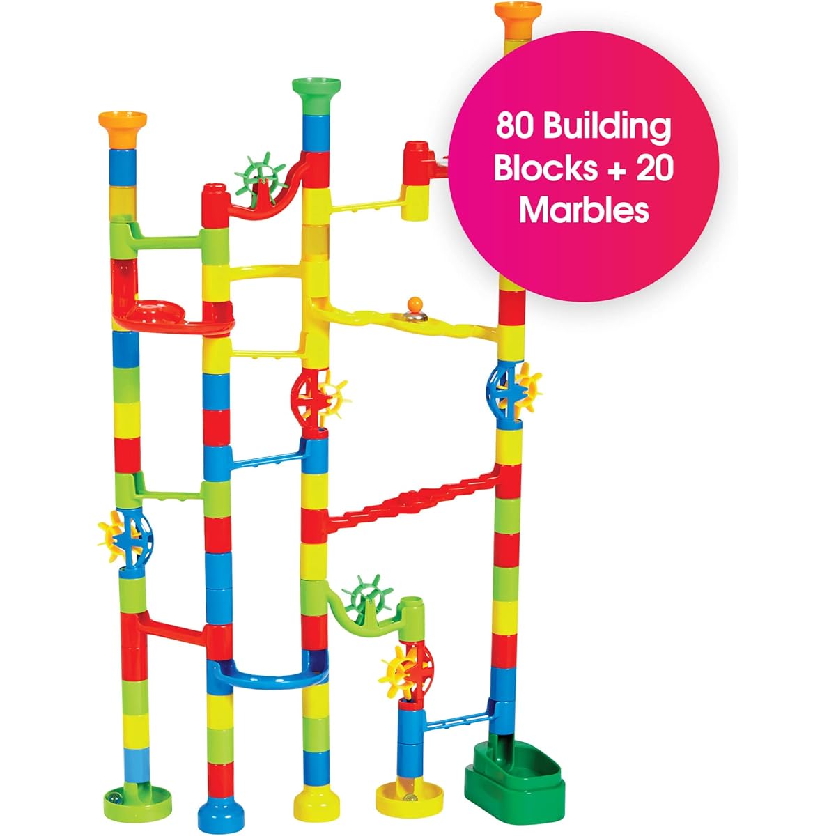 Edushape Marbulous Marble Run - 80 Pieces + 20 Marbles (Total 100 pc Set) Clear and Sturdy Setups Step-by-Step Illustrated Instructions for 4 Different Skill Levels