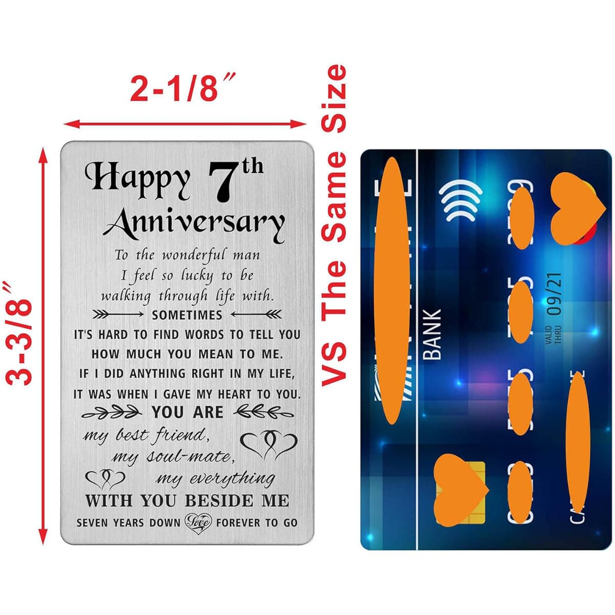 TANWIH 7th Anniversary Card for Husband - 7 Years Down Forever to Go - 7 Year Down Forever to Go Wedding Anniversary Card for Men Engraved Metal Wallet Card