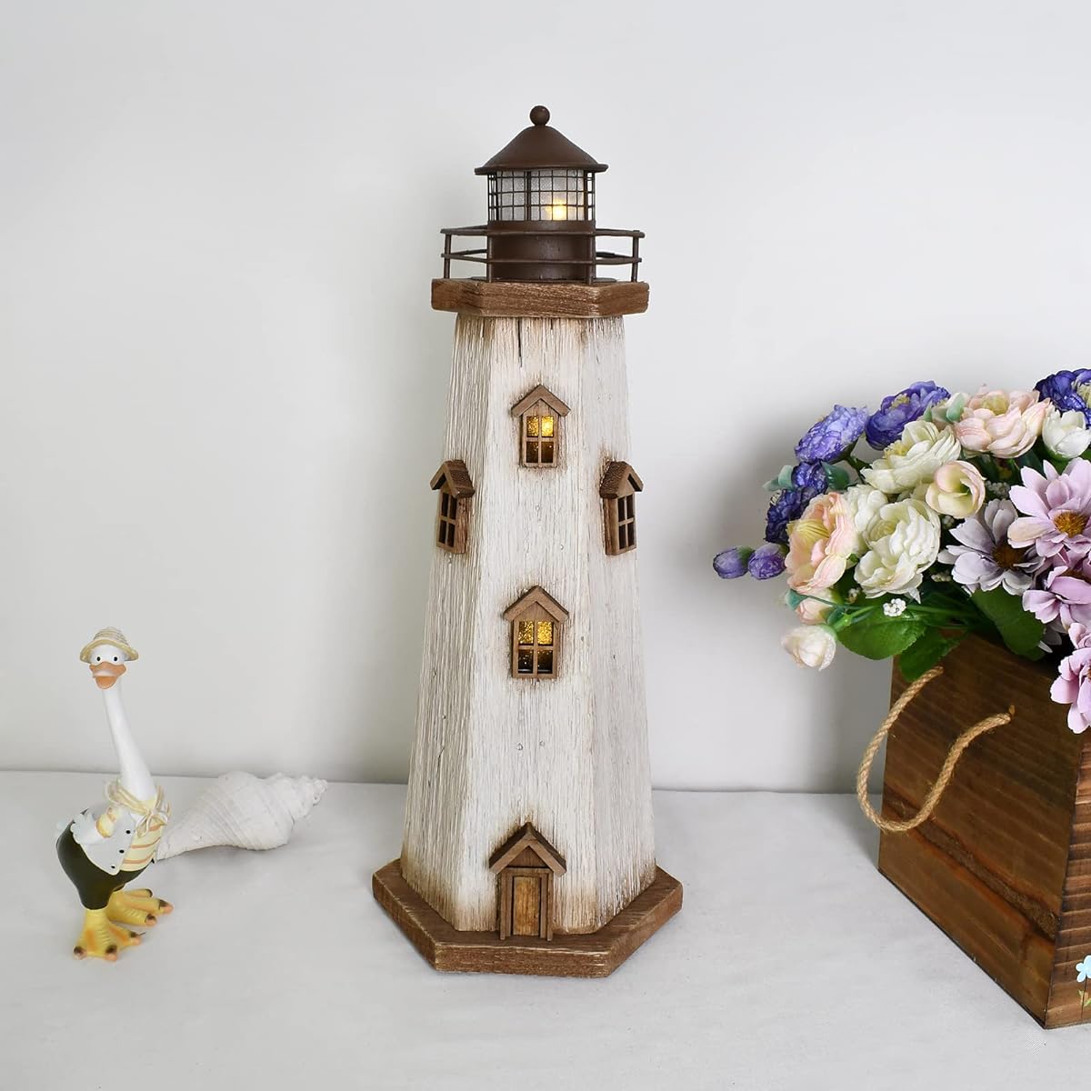 Home Decor Lighthouse 16" Tall Rustic Wood Lighting Home Figurine Tabletop Centerpiece LED Lighthouse Nautical Beach Decor Living Room Bedroom Kids Room Bathroom Decor