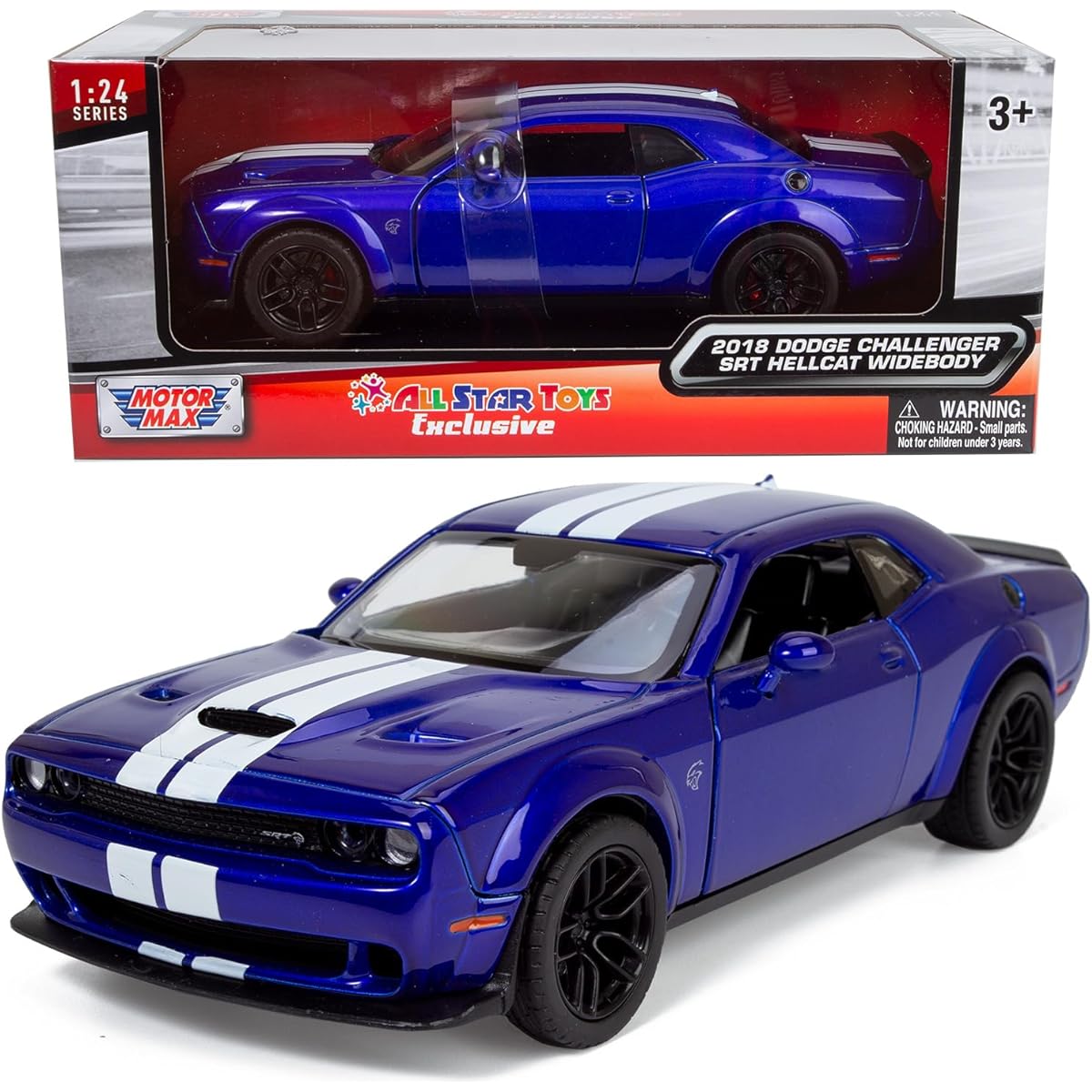 All Star Toys 2018 Dodge Challenger SRT Hellcat Widebody Indigo Blue Racing Stripes 1/24 Diecast Model Car Motormax 79350
