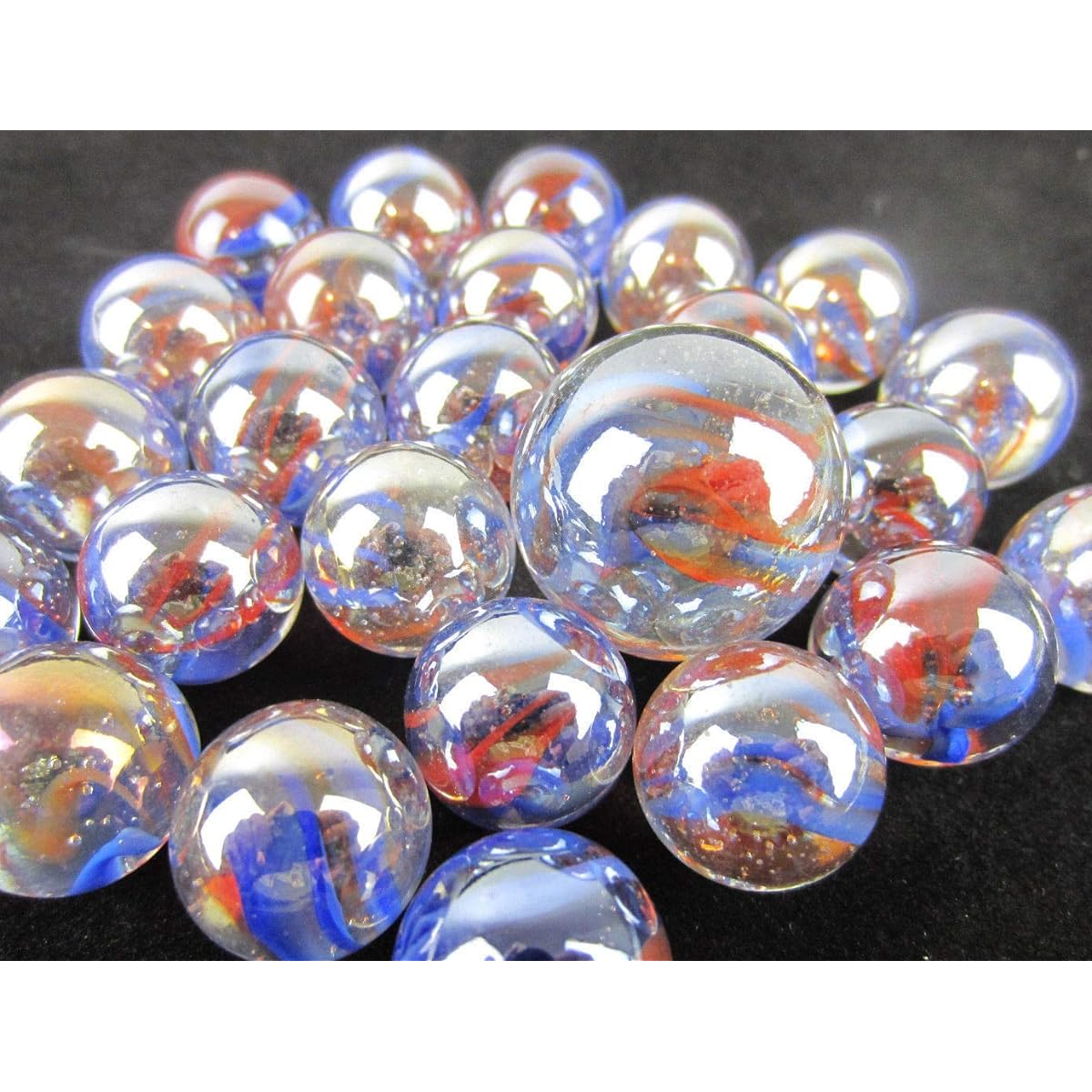 Big Game Toys~ Glass Marbles Sunrise Iridescent Clear/Blue/Red Swirl Classic Style Game Pack (24 Player, 1 Shooter) Decor/Vase Filler/Aquarium