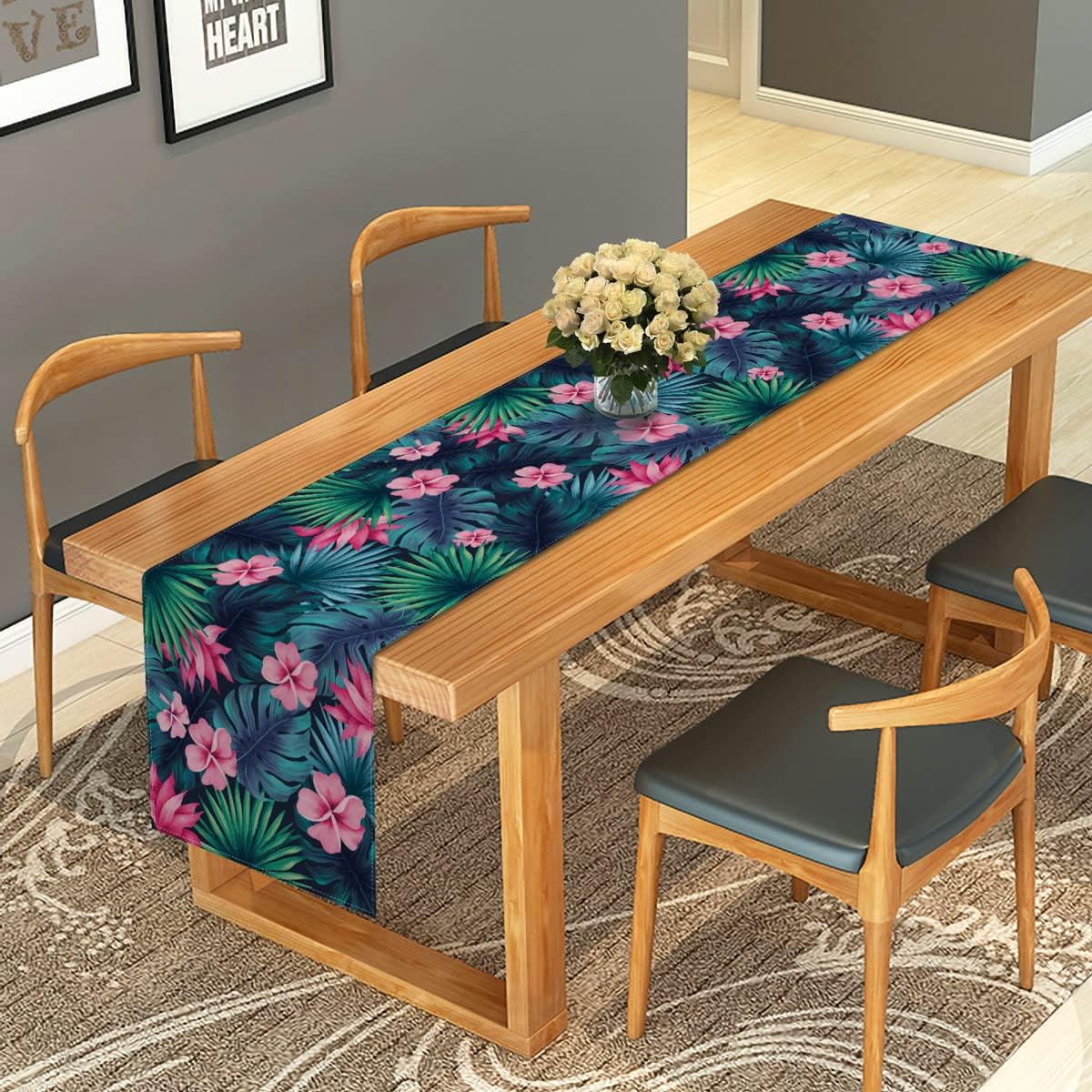 Linen Tropical Table Runner Summer Luau Hawaiian Party Palm Leaf Table Cover Rustic Home Kitchen Dining Room Decor