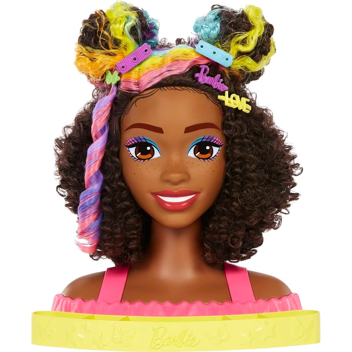 Barbie Doll Deluxe Styling Head with Color Reveal Accessories and Curly Brown Neon Rainbow Hair, Doll Head for Hair Styling, HMD79