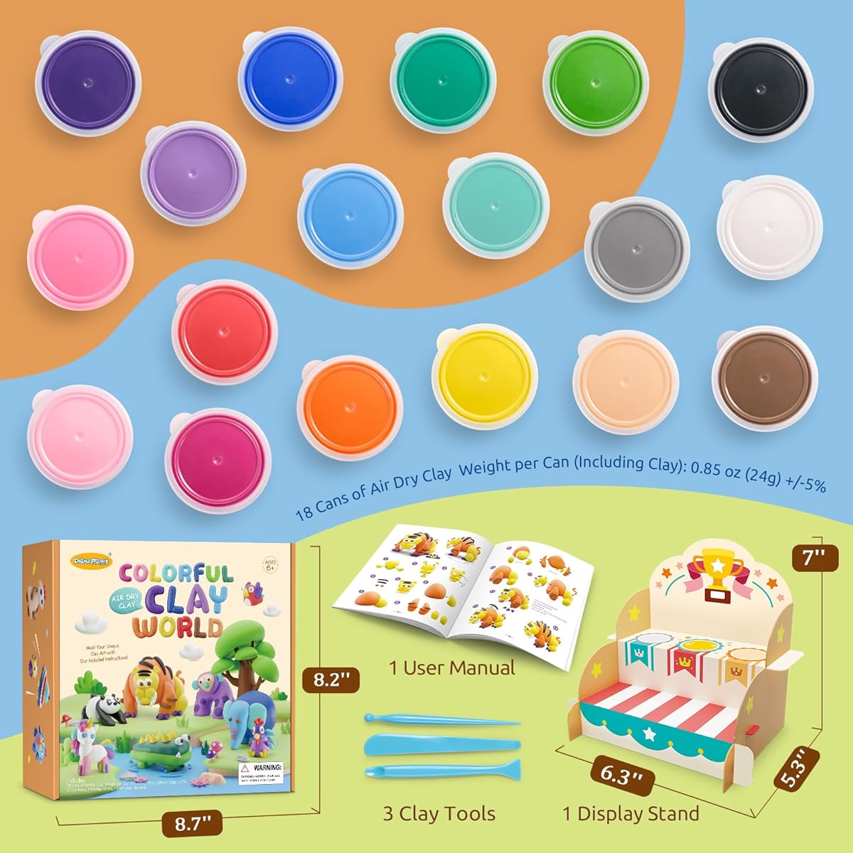 Drama Planet Air Dry Clay Kit for Kids with 4 Scenes and 26 Project Tutorials, 18 Cans of Modeling Clay with Display Stand, Great Gift for Girls and Boys