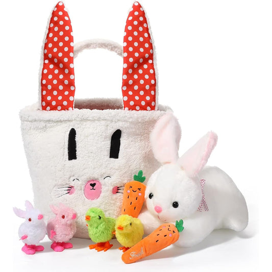 8 Piece Easter Plush Bunny Basket Set - Cute Fluffy Easter Basket with Chick, Carrot, Bunny, Rabbit Stuffed Animals for Boys and Girls, Easter Hunt Basket Stuffers, Party Favors, Gift Bag Fillers, Toy Storage