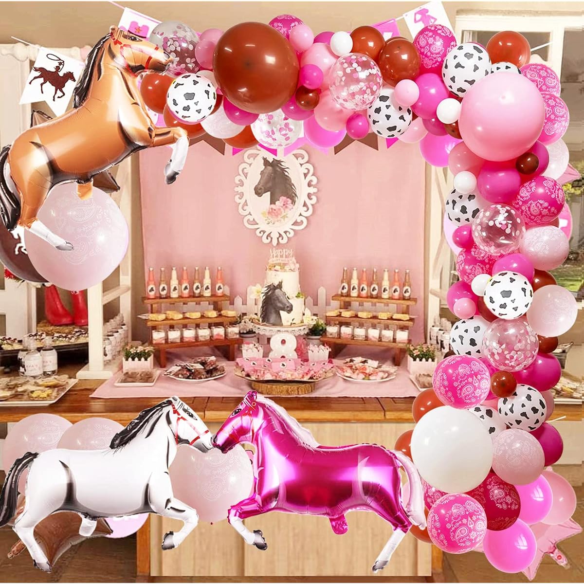 Western Cowgirl Birthday Party Decorations,Hot Light Pink and Rose Red Balloons,Funny Party Balloons,Brown Horse Balloons for Girls Western Cow Birthday Baby Shower Bachelorette Party Decorations