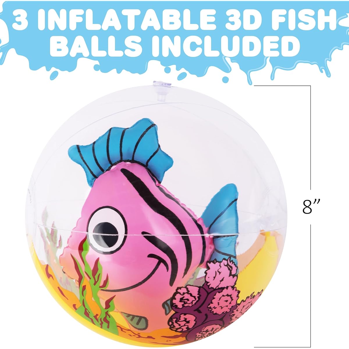 ArtCreativity 3D Fish Beach Balls for Kids - Set of 3 - Clear Balls with Colorful Fish - Inflatable Swimming Pool Toys - Underwater Party Supplies - Party Favors