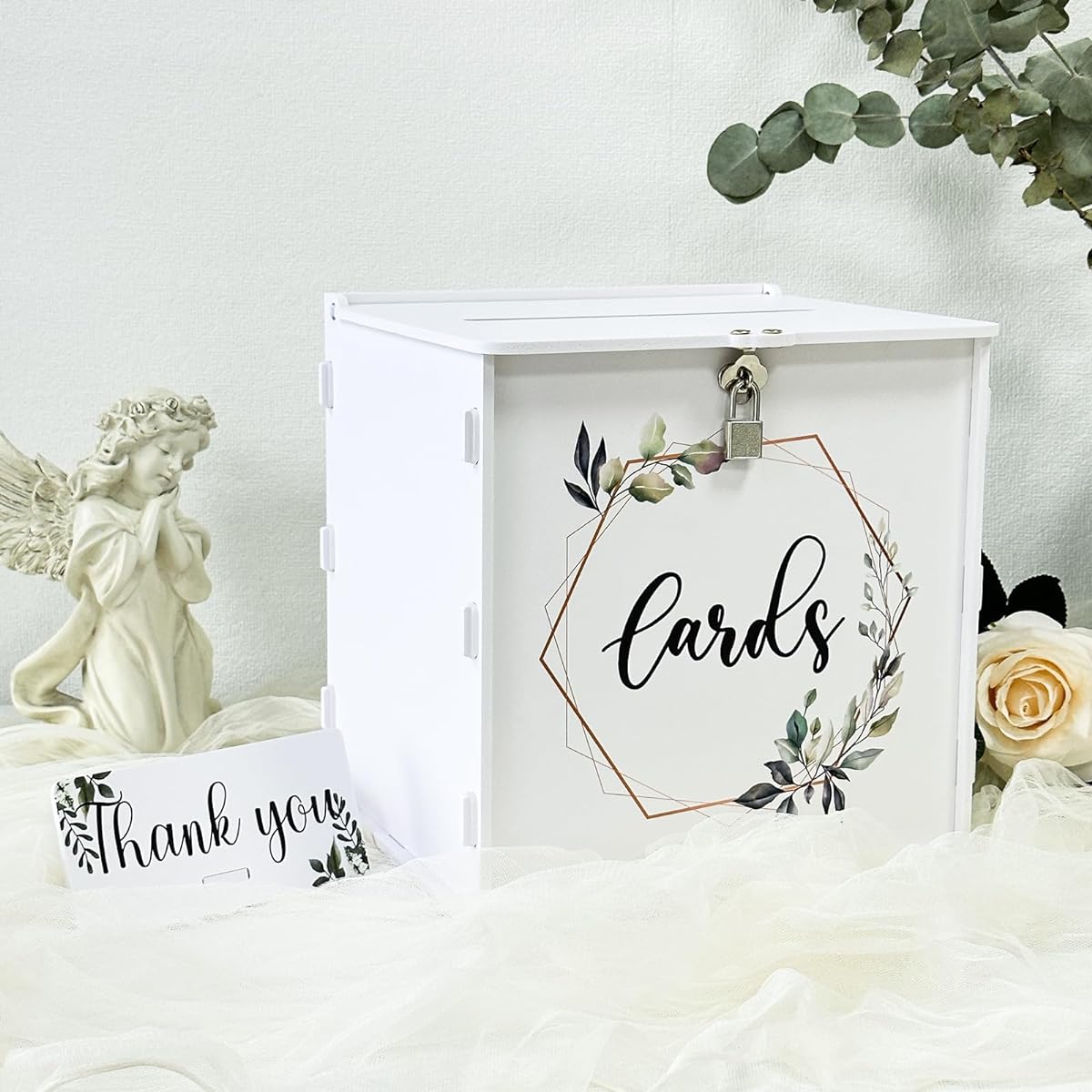OurWarm White Wedding Card Box with Lock, PVC Gift Card Box for Wedding Reception, Eucalyptus DIY Wedding Envelope Money Card Box for Party Graduation Baby Shower Birthday Decorations