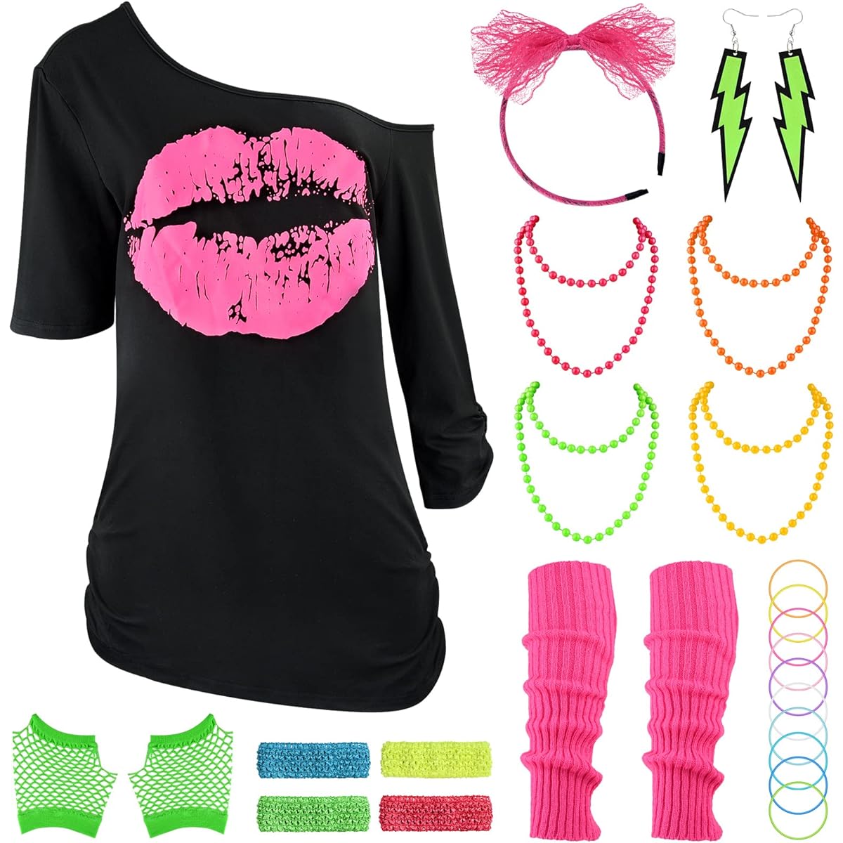 PLULON 80s Costume Accessories Set for Women - 1980s T-Shirt and Rainbow Tutu