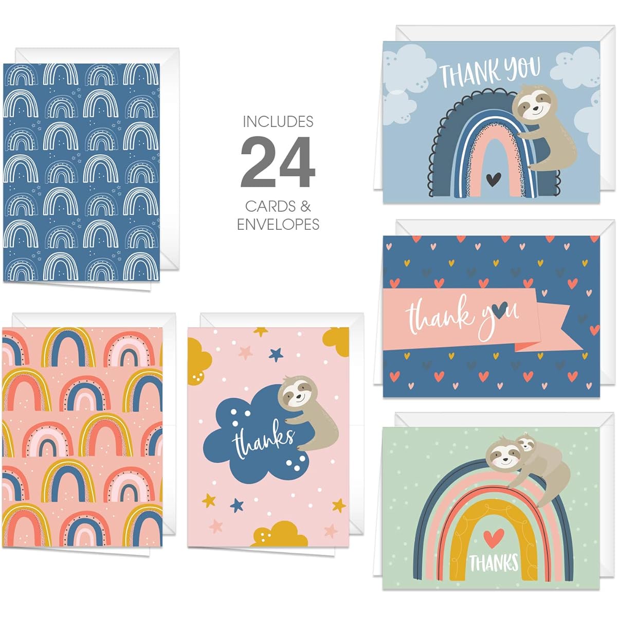 Canopy Street Thank You Cards Happy Rainbow and Sloth Designs / 24 Colorful Thank You Cards and Envelopes / 6 Cute Designs