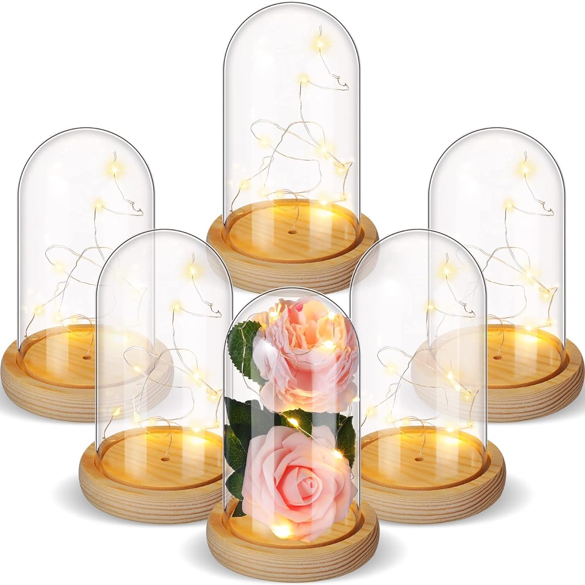 Clear Plastic Cloche with Rustic Wood Base and LED Fairy Lights Plastic Dome Display Cloche Case Bell Jar Rose Christmas Valentine's Day Wedding Tabletop Centerpiece Decoration 6.5 x 3.7 Inch