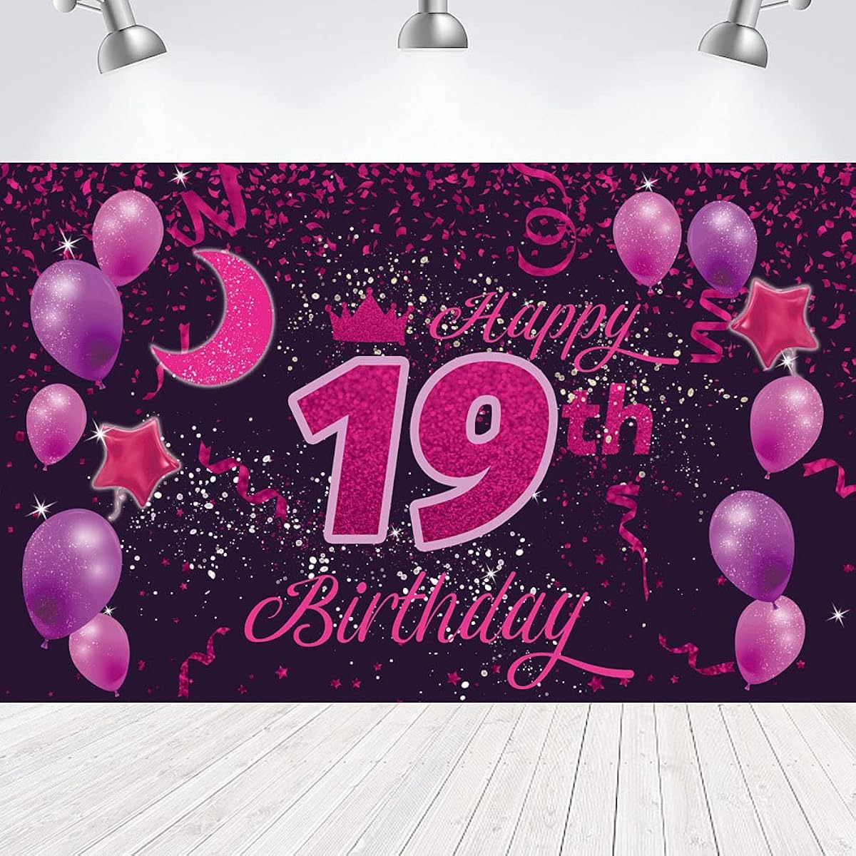 Sweet Happy 19th Birthday Background Banner Poster 19th Birthday Party Decorations 19th Birthday Party Supplies 19th Photo Backdrop for Girls Boys Women Men Pink Purple 72.8 x 43.3 inches