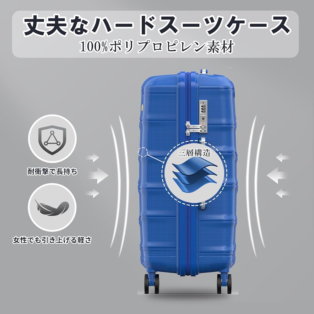 [MGOB] Suitcase Free Consignment 6 Nights 7 Days Large Capacity Carry Case 66L Ultra Light 3.3KG Polypropylene Multi-Stage Carry Bar Double Wheels Stable Quiet TSA Lock Included Overseas Travel Family Travel Stylish M Size Blue M17