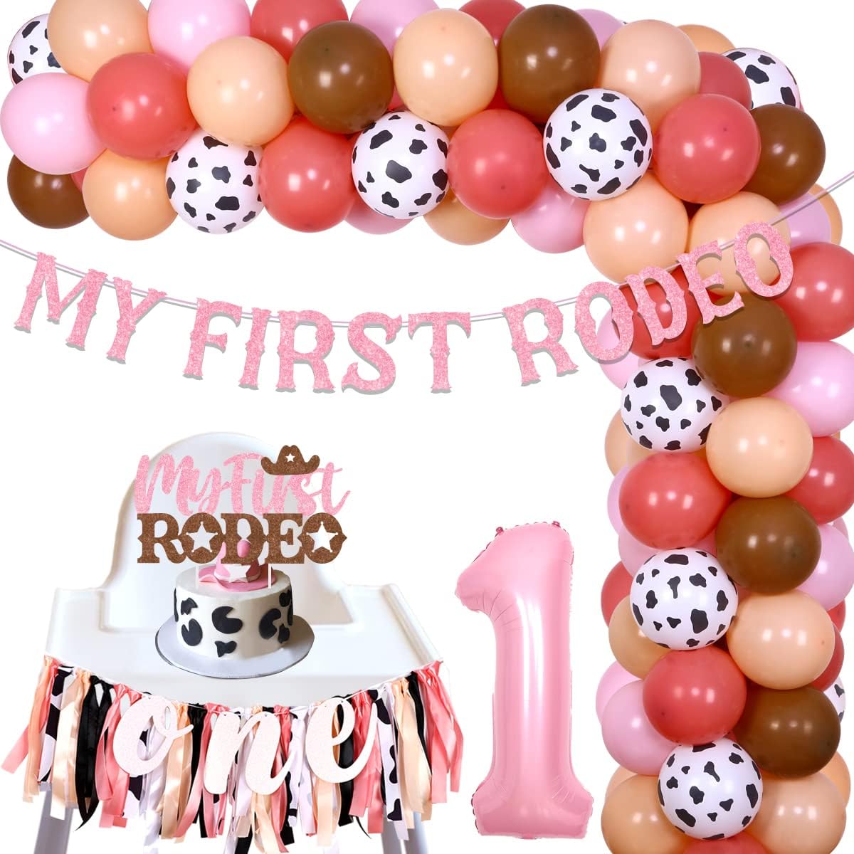 kreat4joy Cowgirl 1st Birthday Party Decorations First Rodeo Birthday Party Decorations My First Rodeo Banner Cake Topper Cowgirl 1st One High Chair Banner Pink Balloon Arch for Girl 1st Birthday