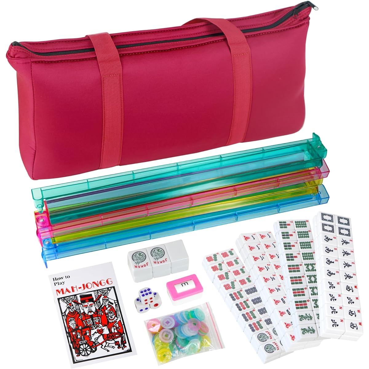 SacPero American Mahjong Game Set, 166 Mahjong Tile Set, All-in-One Rack/4 Pushers, 100 Chips, 1 Wind Indicator, and Carry Bag Included, Mahjong Set (American Mahjong)