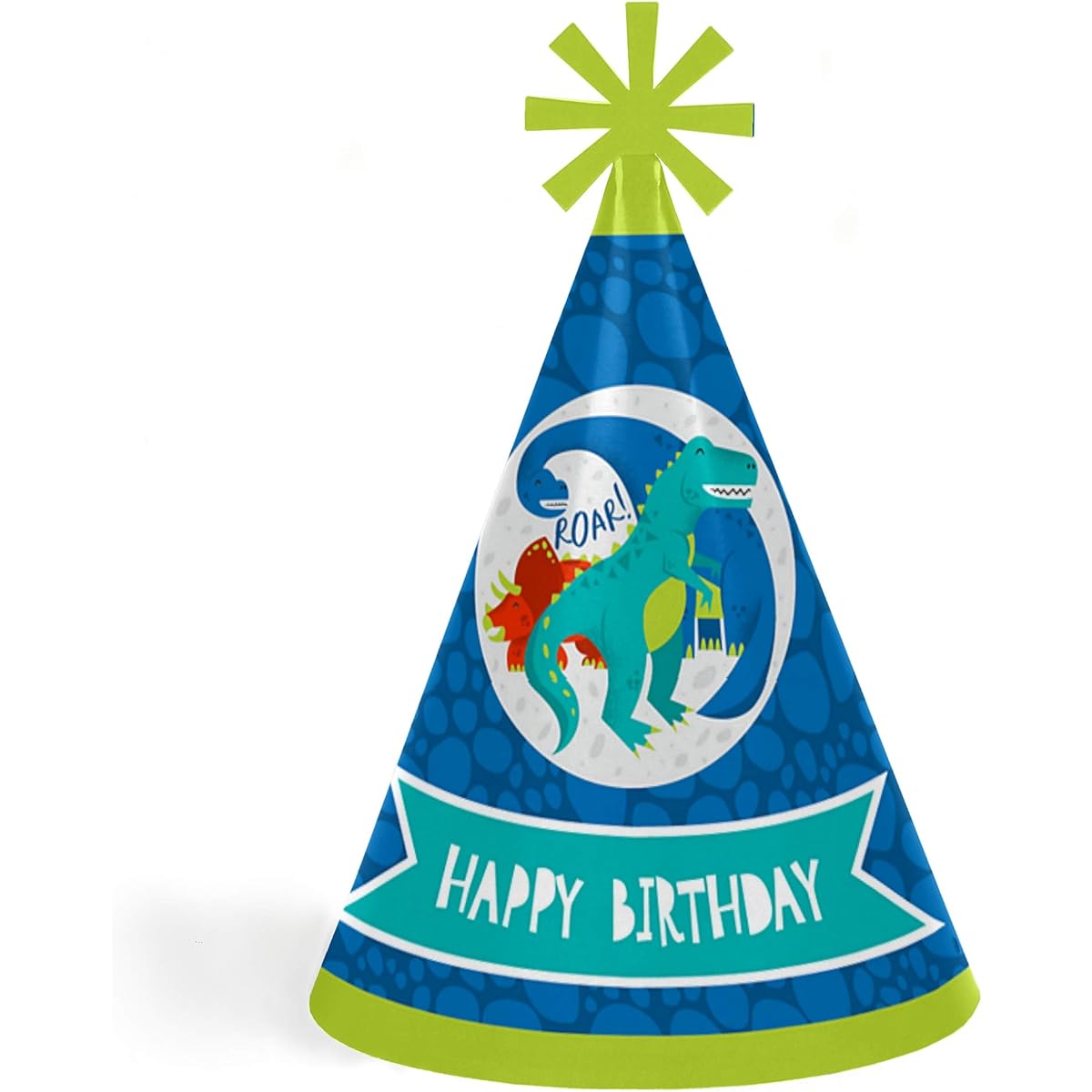 Roar Dinosaur Cone Happy Birthday Party Hats for Kids and Adults, Set of 8, Standard Size