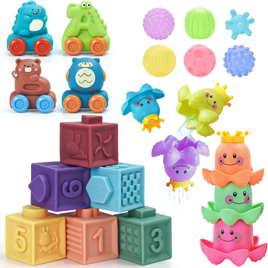 4 in 1 Baby Toys Soft Stacking Blocks Octopus Stacking Ring Animal Cars Sensory Toy Ball Montessori Toys for Boys Girls Gifts