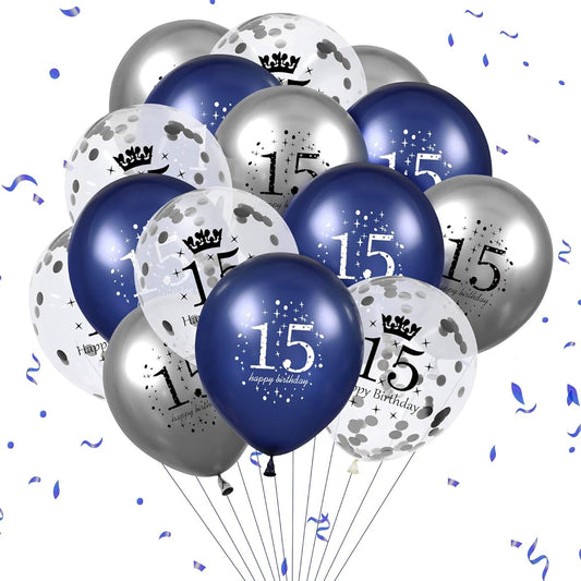 15th Birthday Balloons 15 Pieces Navy Blue Silver 15th Birthday Balloons Boys Girls 15th Anniversary Happy Birthday Party Decoration Navy Blue Balloons