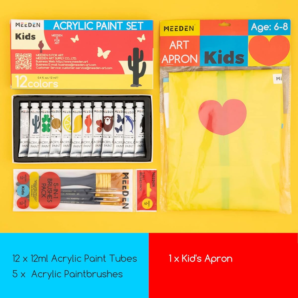 MEEDEN Acrylic Paint Set for Kids, 12 Tubes (0.4 oz 12ml), 5 Toddler Paint Brushes, Paint Apron, Non-Toxic Art Painting Kit with Art Smock, Easter Gifts for Kids