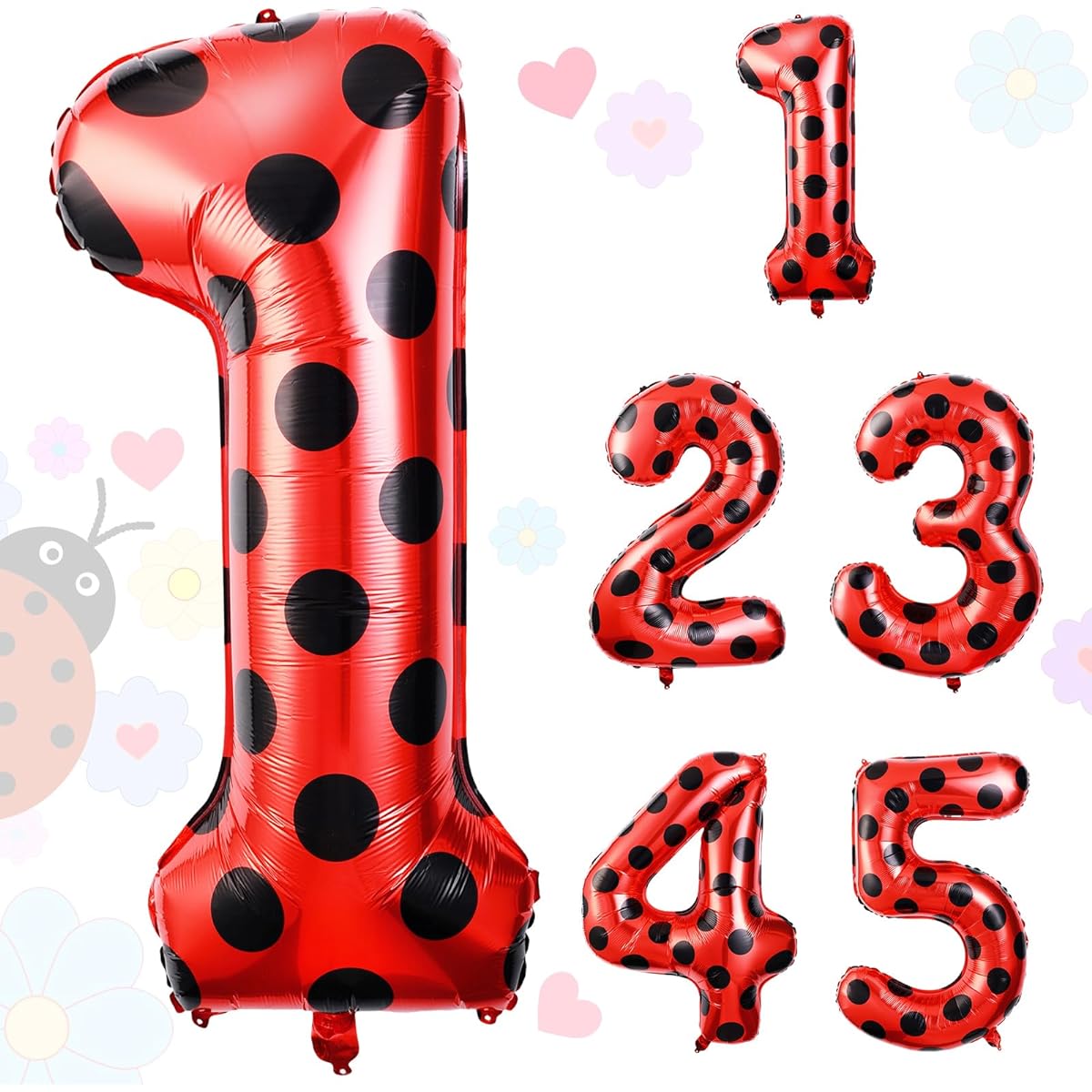 Lunmon 40" Ladybug Large Number 2 Balloons, 40" Ladybug Balloons Birthday Decorations Supplies Black Red Polka Dot Ladybird Dot Ladybug Theme Number Balloons for 2nd Birthday Party Baby Shower