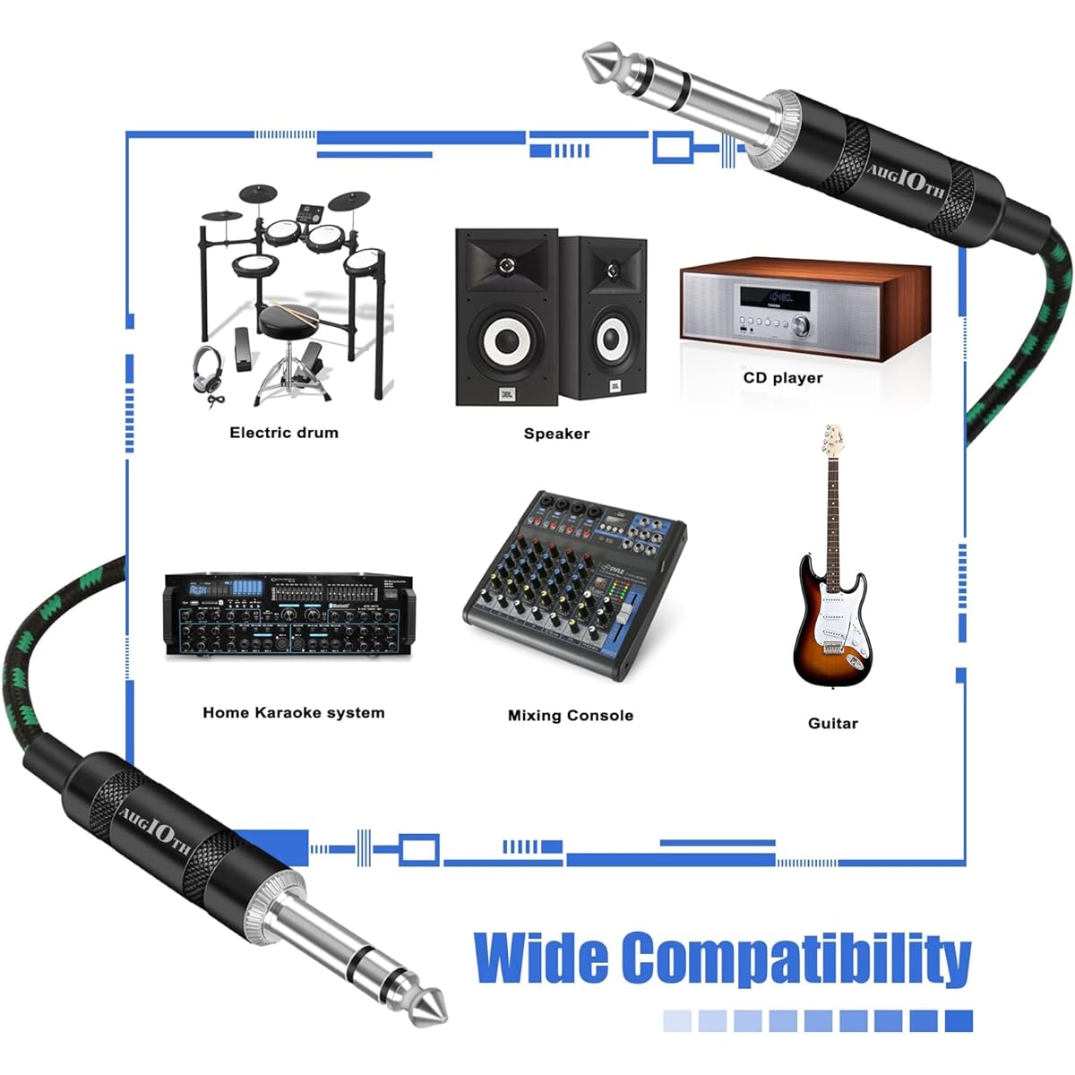 Augioth 1/4 TRS Cable 6ft 2 Pack Balanced 6.35mm TRS Plug to Stereo Quarter Inch TRS Male Cable for Powered Speakers Mixer Amplifier