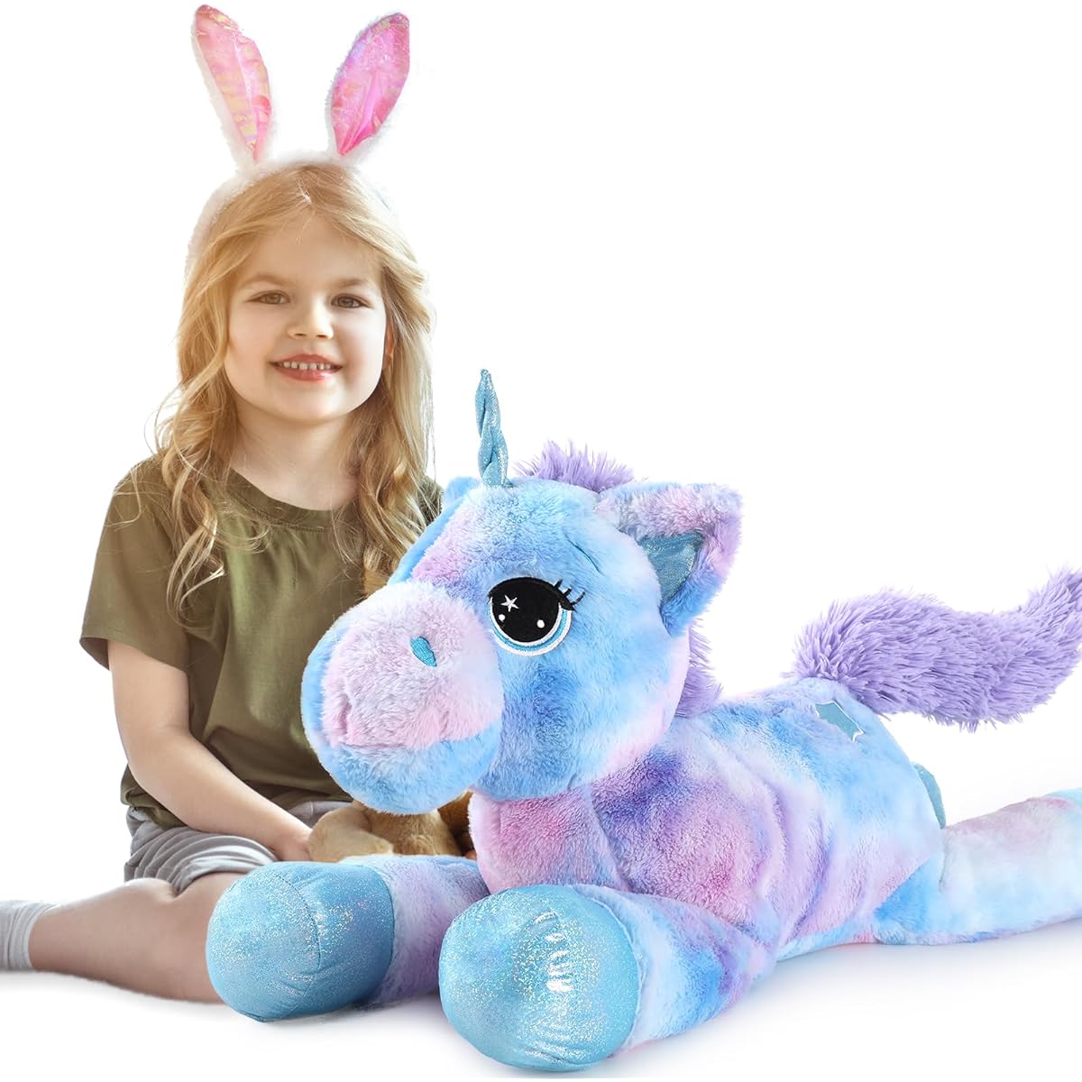 Tezituor 32" Giant Rainbow Blue Unicorn Stuffed Animal Plush Toy Cute Animal Birthday Decoration Gift for Girls & Kids