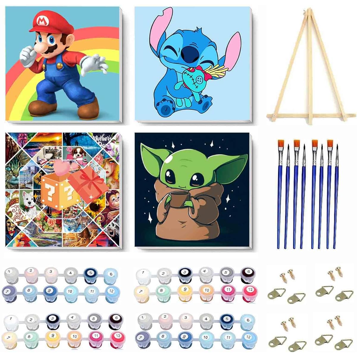 4 Pack Cartoon Paint by Number Kits for Kids Framed Canvas - Paint by Numbers with Wooden Easel for 4-8-12 Year Old Kids Easy Paint by Numbers DIY Acrylic Oil Painting Kits Wall Decor 8 x 8 Inch