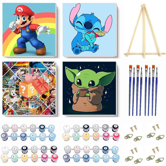 4 Pack Cartoon Paint by Number Kits for Kids Framed Canvas - Paint by Numbers with Wooden Easel for 4-8-12 Year Old Kids Easy Paint by Numbers DIY Acrylic Oil Painting Kits Wall Decor 8 x 8 Inch