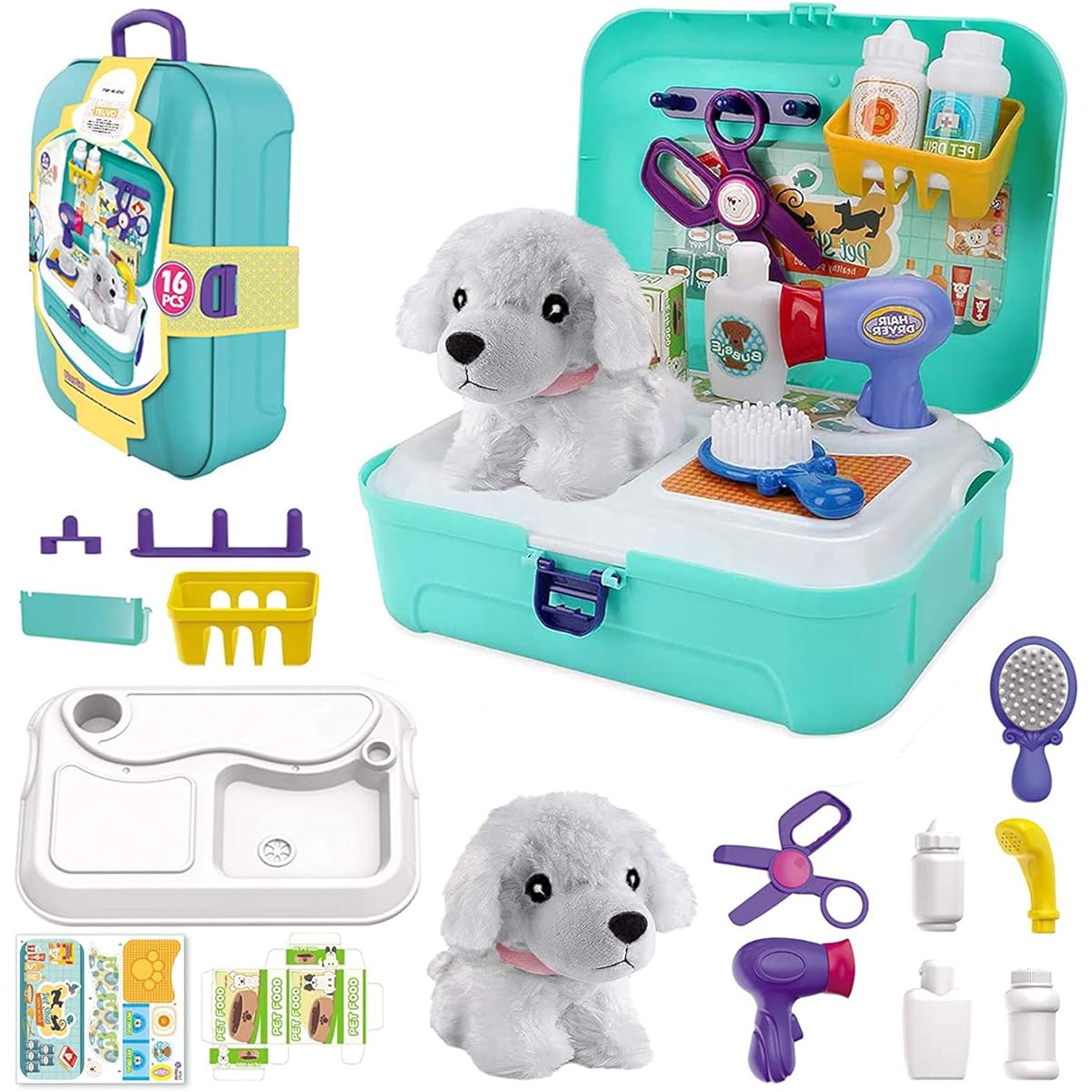 TEUVO Pet Care Playset Doctor Kit for Kids 16PCS Doctor Pretend Play Veterinarian Dog Grooming Toy Puppy Dog Carrier Feeding Dog Backpack for Girls and Boys Age 3-7