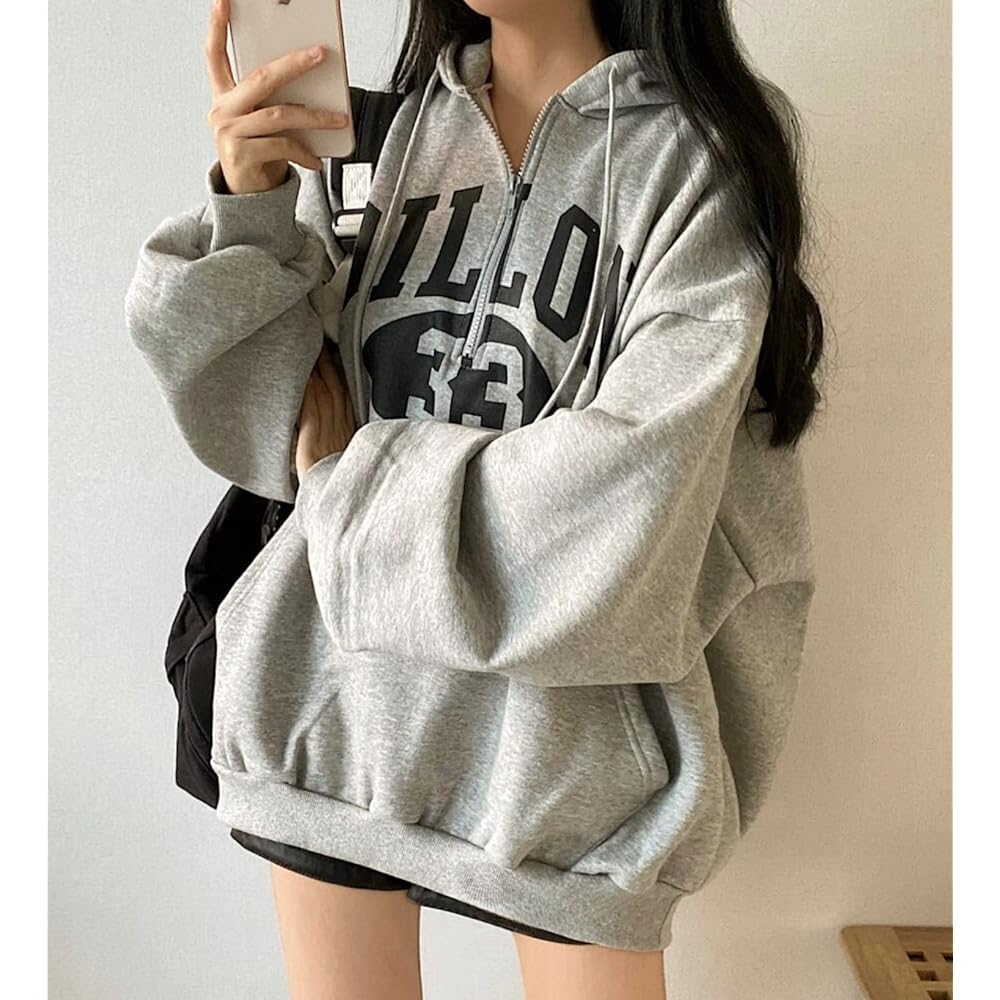 [Alhyla] Women's Hoodie, Loose Sweatshirt, Hooded Sweatshirt, Pullover Top, Half Zip Hoodie, Fleece Lining, Oversize, Korean Zip Up Hoodie, Street Style
