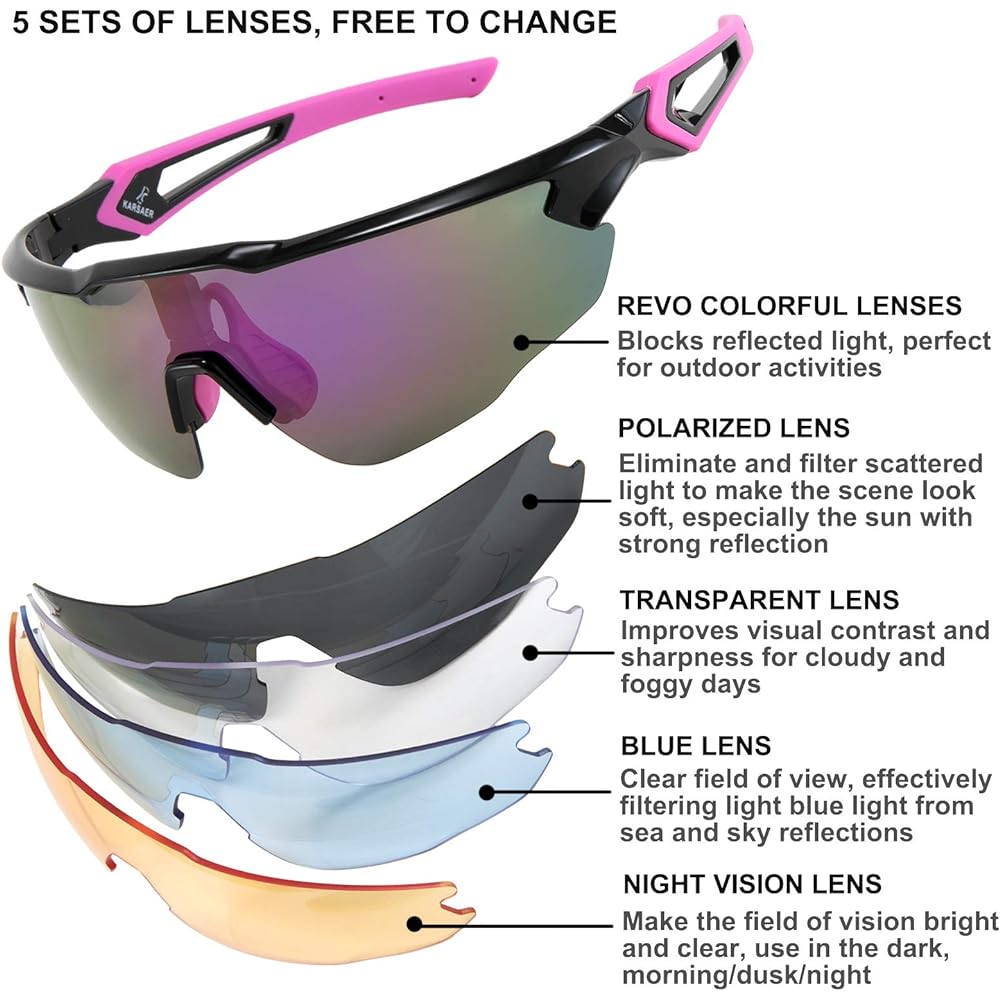 [Karsaer] TR90 Sports Sunglasses, Polarized Riding Sunglasses, MTB/Fishing, Baseball, Bicycle, UV Protection, 4 Lenses Included B7053