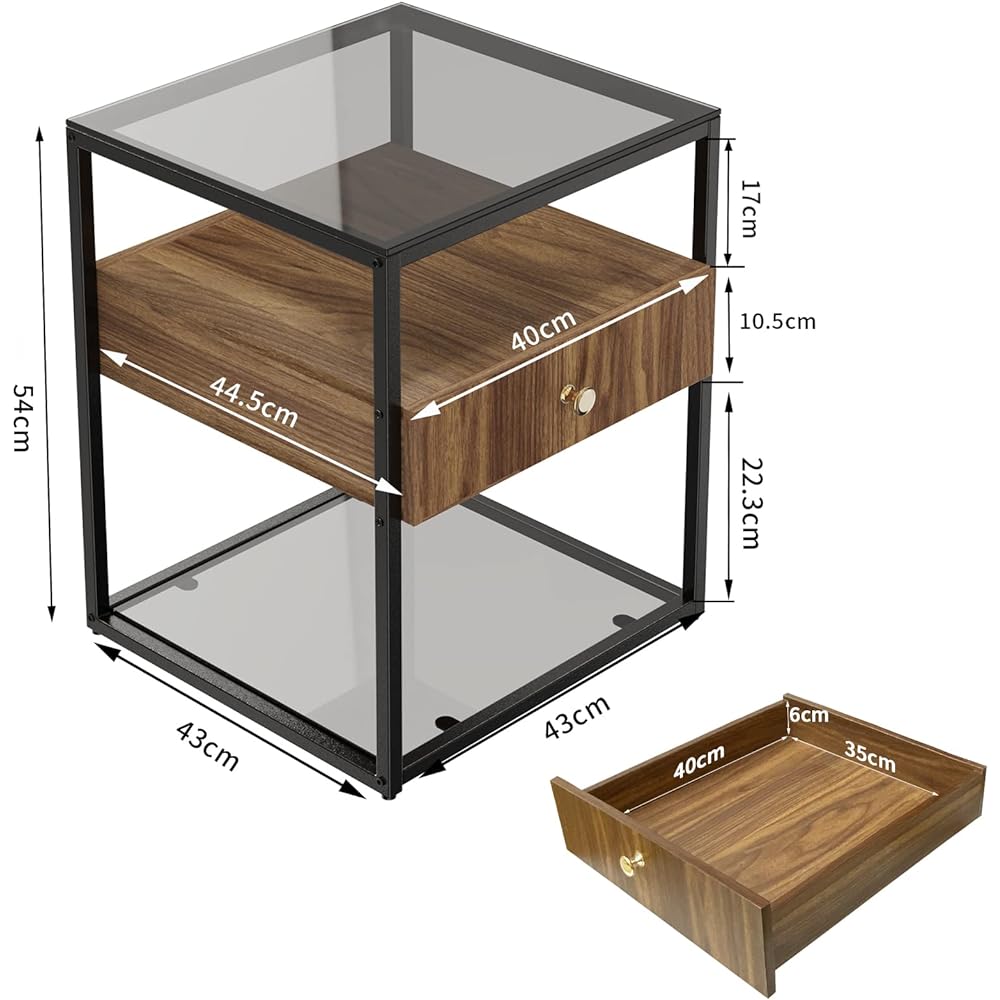 Artloge Side Table, Night Table, Drawer, Glass Bedside Table, Stylish, Next to Sofa, Next to Bed, Side Chest, Storage, Scandinavian, Compact, Width 43 x Depth 43 x Height 54 cm