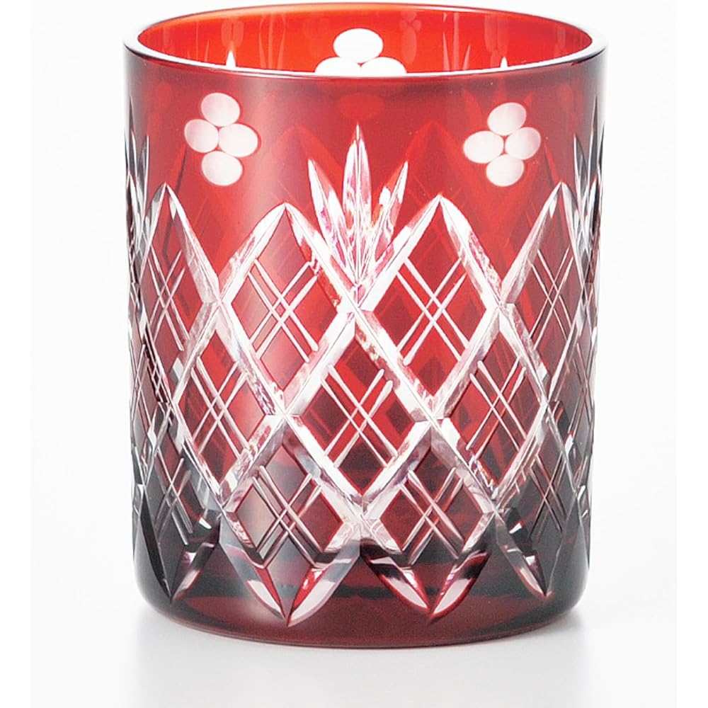 Edo Kiriko Glass Rocks Glass 250ml Red Small Flower Sword Yarai Crest (In Wooden Box) Made in Japan 223527