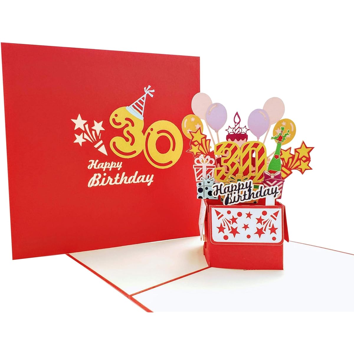 iGifts And Cards Happy 30th Red Birthday Party Box 3D Pop Up Greeting Card - Lovely Cute Congratulations Unique Festive Feliz Cumprino Balloon
