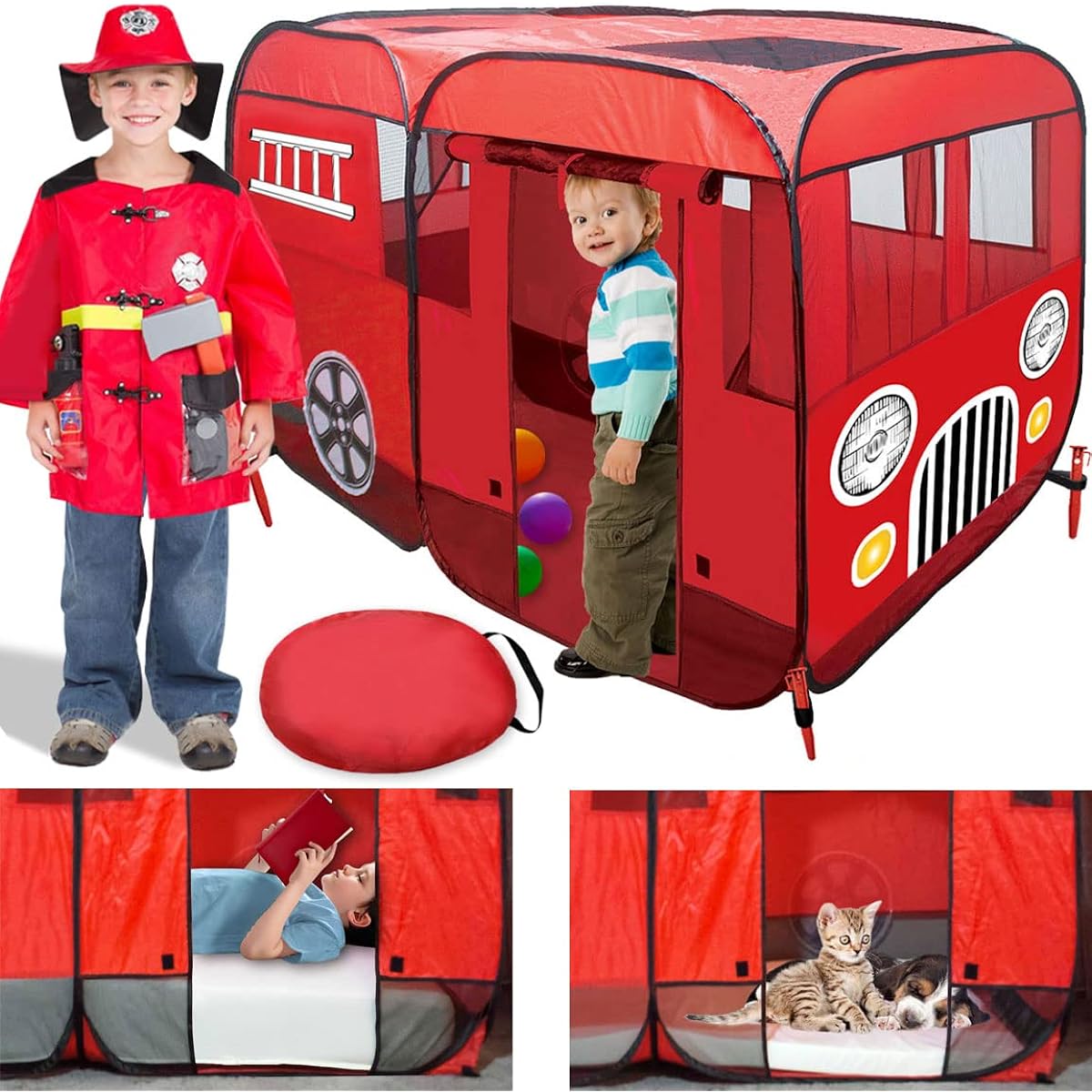 Big Kids Fire Engine Truck Pop Up Playhouse Play Tent for Toddlers Boys Girls Kids to Pretend Play Fireman, Can be Used Indoors or Outdoors w/Stakes Large Without-Step