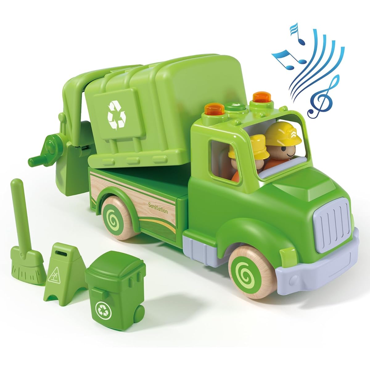 Wanborns Wooden Garbage Truck Toy - Recycling Truck for Toddlers 18M+ for 2 3 4 5 Year Old Kids, Realistic Vehicle with Trash Lifter and Dump Function, Sounds and Lights